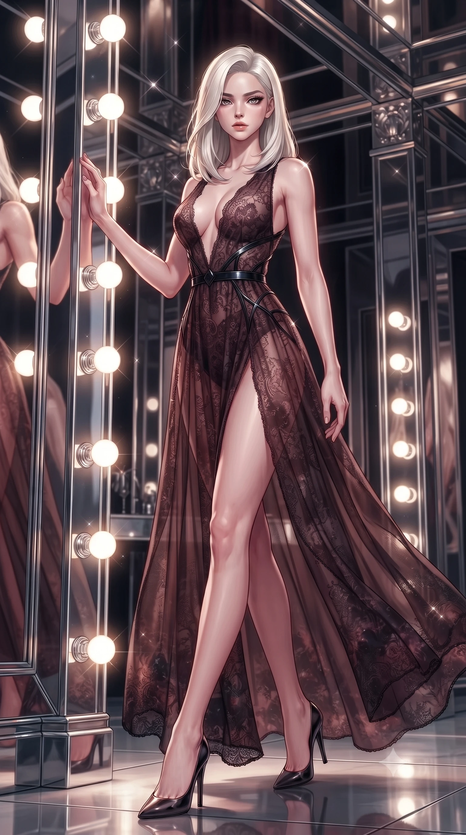 score_9, masterpiece, best quality, ultra-detailed, high-budget anime keyframe, editorial fashion photography, tasteful artistic composition, Caucasian woman. low angle full-body shot from head to toe showing her feet, filling the entire 9:16 vertical frame with her statuesque presence, stretching her vertical silhouette. stepping gracefully through the luxurious environment, stretching her statuesque silhouette, resting against a mirrored pillar as daylight vanity bulbs illuminate her silhouette, bright daylight vanity bulbs creating intense circular rim highlights on skin. She has an absolutely perfect, statuesque 8.5-heads proportion, an exceptionally tall and slender model-like female figure with impossibly long slender legs and an ultra-slim waist. sharp v-shaped jawline, high-bridge nose, intricate jewel-like eyes with depth, thick eyelashes, glossy lips with a natural sheen. wearing gothic nebula sheer dark lace gown with plunging neckline in dark mahogany, made of fine dark contouring mesh, adorned with minimalist black onyx hardware framing the silhouette, sculpting her athletic slender build with refined precision. surrounded by a sparkling rim light aura with sharp edge glints. highly saturated vibrant anime colors, detailed shading with soft gradients, rich glossy textures, high-contrast stereoscopic depth, volumetric dynamic lighting, master piece, 9:16 ratio