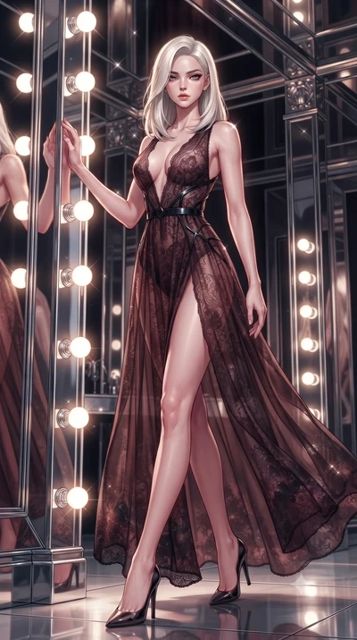score_9, masterpiece, best quality, ultra-detailed, high-budget anime keyframe, editorial fashion photography, tasteful artistic composition, Caucasian woman. low angle full-body shot from head to toe showing her feet, filling the entire 9:16 vertica
