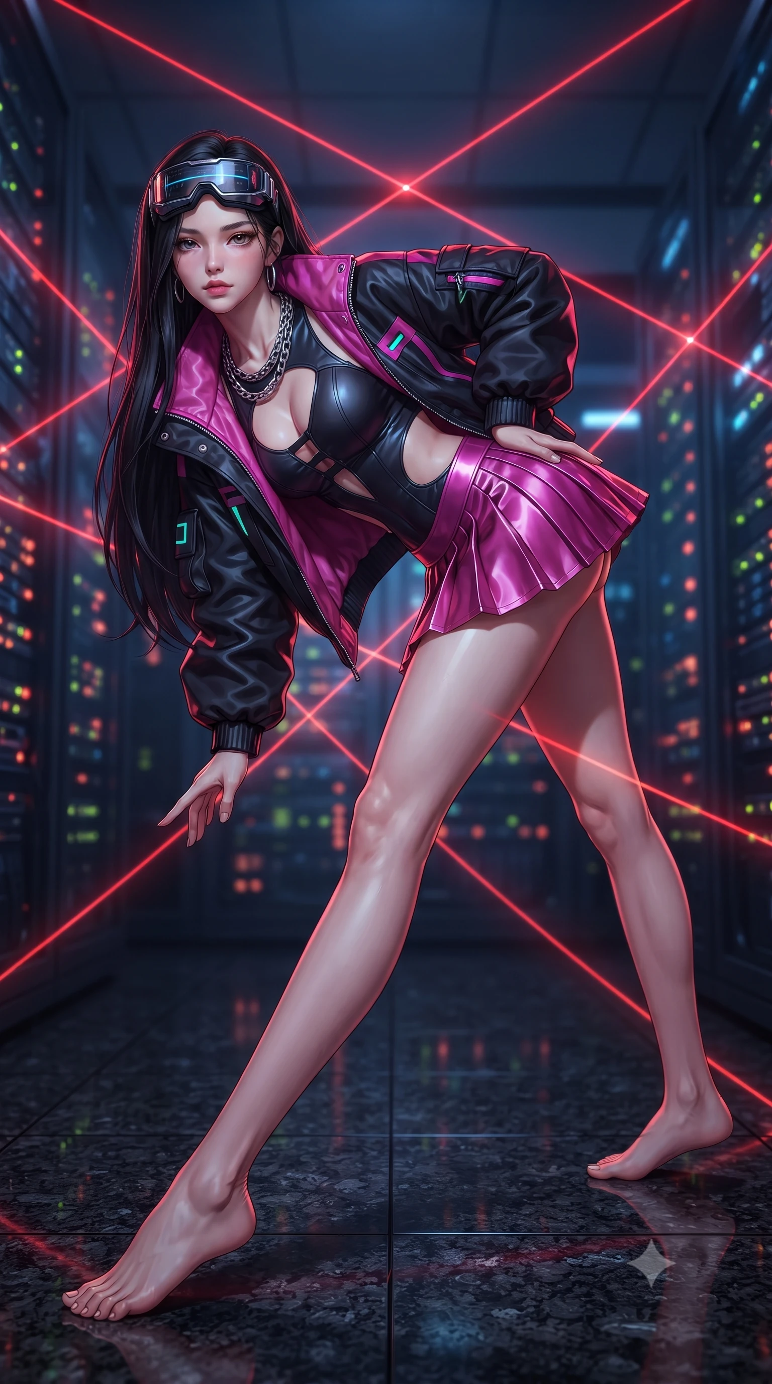 score_9, masterpiece, best quality, ultra-detailed, high-budget anime keyframe, editorial fashion photography, tasteful artistic composition, Korean woman. low angle full-body shot from head to toe showing her feet, filling the entire 9:16 vertical frame with her statuesque presence, stretching her vertical silhouette. pivoting dynamically with supreme athletic balance and poise, her impossibly long slender legs creating a breathtaking line while pivoting dynamically across the polished black granite floor, one hand planted as lasers criss-cross inches above her back. The composition keeps background elements in soft focus with creamy bokeh. endless glowing server rack indicator LEDs and intersecting red laser lines blurred into fiery crimson, amber, and obsidian bokeh. She has an absolutely perfect, statuesque 8.5-heads proportion, an exceptionally tall and slender model-like female figure with impossibly long slender legs, a toned flat midriff, and an ultra-slim waist. sharp v-shaped jawline, high-bridge nose, intricate jewel-like eyes with depth, thick eyelashes, glossy lips with a natural sheen, captivating and magnetic expression, flawlessly proportioned anatomical accuracy, strict slender model proportions, natural body alignment, perfectly sculpted long slender limbs, ultra-slim waistline, clean dynamic posture without body distortion. wearing a daring cutout cyberpunk bodysuit paired with an oversized neon-accented bomber jacket and pleated micro-skirt in matte black and vivid magenta, tailored from second-skin aerodynamic stretch vinyl and insulated satin, accessorized with a chunky silver chain necklace and cyber-visor goggles resting on her brow edition #27, the sleek tailored cut tightly hugging her graceful clavicle, narrow waist, and feminine curves with statuesque precision. bathed in dramatic intersecting red laser beam illumination and cool blue server indicator glow. ultra-reflective glossy finish, specular highlights, rich textural contrasts, high-contrast stereoscopic depth, volumetric dynamic lighting, 2k, ultra detail, master piece, 9:16 ratio