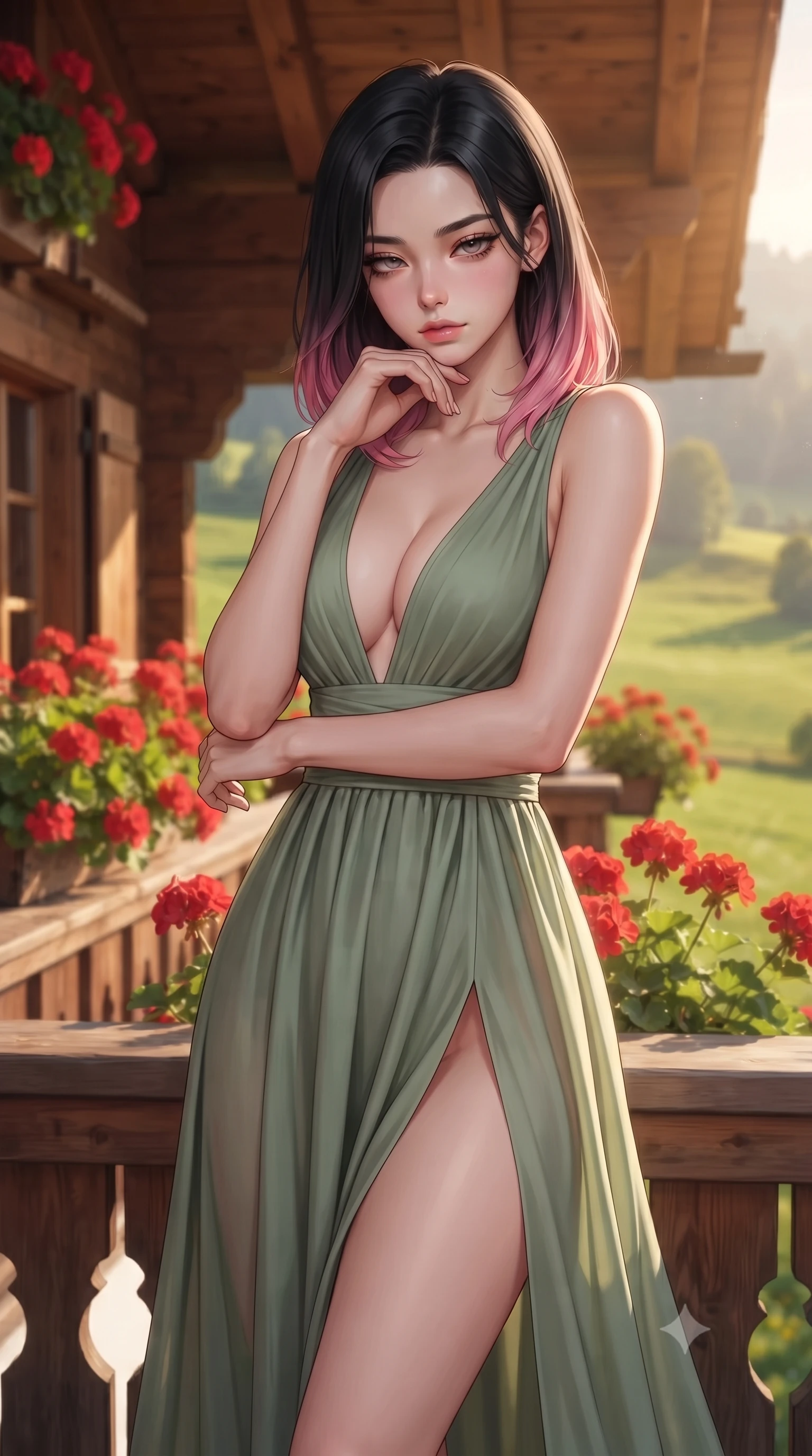 score_9, masterpiece, best quality, ultra-detailed, high-budget anime keyframe, editorial fashion photography, tasteful artistic composition, Korean woman woman. close-up cowboy shot from the waist and thighs up, the character dominates the composition, filling the frame with her large presence, background elements kept in soft focus. resting her chin on the backs of her fingers, casting a heavy-lidded, sultry look past the camera the background shows a soft-focus a wooden balcony of a Swiss chalet decorated with red geraniums, looking at green meadows. She has an exceptionally elegant, slender, and willowy female figure with an ultra-slim waist, a gracefully sculpted slender torso, and a refined silhouette. sharp v-shaped jawline, high-bridge nose, intricate jewel-like eyes with depth, thick eyelashes, glossy lips with a natural sheen. wearing a form-contouring deep plunging-V neck maxi dress in sage green chiffon, featuring a high side slit ascending to mid-thigh. warm afternoon sunbeams coloring the wooden beams and flowers in vivid tones. ultra-reflective glossy finish, specular highlights, metallic sheen, high-contrast stereoscopic depth, volumetric dynamic lighting, 2k, ultra detail, master piece, 9:16 ratio