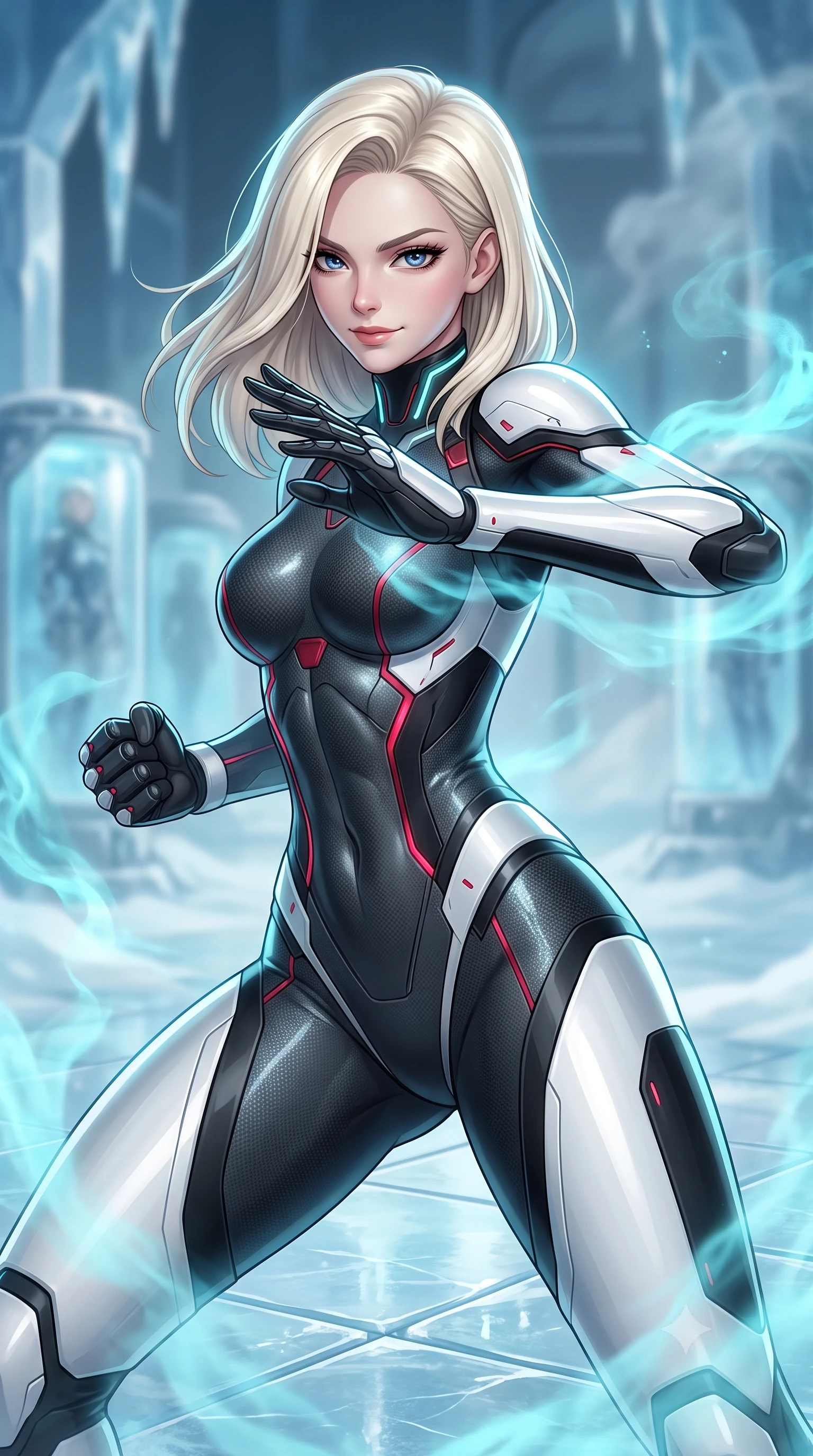score_9, masterpiece, best quality, ultra-detailed, high-budget anime keyframe, semi-realistic 3D game render, editorial fashion photography, tasteful artistic composition, Caucasian woman. close-up cowboy shot from the waist and thighs up, the character dominates the composition, filling the frame with her large presence. resting one hand in a defensive deflective posture while glancing over her shoulder with thick eyelashes and a confident, smoldering combat half-smile while pivoting dynamically on ice-slicked tiles as cyan cryo-mist billows gracefully around her athletic, form-fitting armor. The composition keeps background elements in soft focus with creamy bokeh. drifting cryogenic frost vapor and frozen glass pods blurred into radiant cyan, silver, and pale blue bokeh. She has an exceptionally elegant, slender, and willowy female figure with an ultra-slim waist, a gracefully sculpted slender torso, toned flat midriff, and a refined slim silhouette. sharp v-shaped jawline, high-bridge nose, intricate jewel-like eyes with depth, thick eyelashes, glossy lips with a natural sheen, flawlessly proportioned anatomical accuracy, strict slender model proportions, natural body alignment, perfectly sculpted long slender limbs, ultra-slim waistline, clean dynamic posture without body distortion. wearing a second-skin dark gunmetal carbon-weave battle-suit with crimson laser conduits and high-frequency knuckle strike plates in monochrome white enamel carbon with high-contrast black panels, crafted from semi-translucent cybernetic carbon-vinyl interwoven with glowing micro-filaments, featuring a sleek aerodynamic collar framed by subtle glowing cybernetic status LEDs, the form-contouring material adhering flawlessly to her sculpted flat midriff and slender torso, emphasizing her long leg lines and perfectly proportioned willowy build. illuminated by crisp specular ice refractions outlining her ultra-slim waist, long legs, and flat midriff. rich saturated anime colors with glowing neon highlights, detailed shading with soft gradients, rich glossy textures, high-contrast stereoscopic depth, volumetric dynamic lighting, master piece, 9:16 ratio