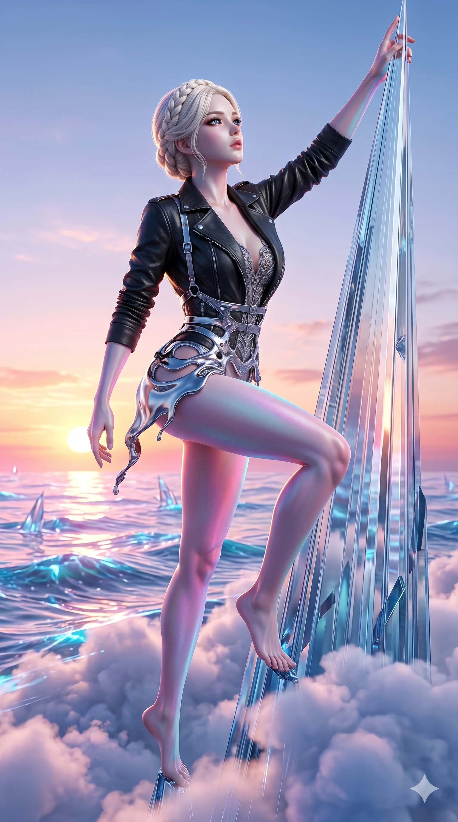 score_9, masterpiece, best quality, ultra-detailed, Photorealistic 8k CG, masterpiece, hyper-realistic SSS skin texture, cinematic ray-tracing, every pore and strand of hair rendered with extreme precision, 8k resolution, Korean woman with idol-like refined features. Cinematic low angle perspective showcasing her towering height and well-proportioned figure. Climbing a crystalline spire of glass in a futuristic ruin, the clouds passing below her as she reaches for the summit. She has an well-proportioned figure, an tall and elegant figure with elegant legs and an graceful posture, her statuesque height and towering silhouette dominating the vertical 9:16 frame. Her face is a masterpiece featuring a sharp v-shaped jawline, high-bridge nose, intricate jewel-like eyes with depth, thick eyelashes, and glossy lips with a natural sheen. She is wearing a with a stylishly open collar leather jacket over a elegant top and a stylish belt harness crafted from Molten liquid mercury that flows and reflects the environment with metallic perfection, with an fitted waist and a complex harness system that draws the eye. The scene is set in a vibrant sunset over a futuristic crystalline ocean with waves made of liquid light, illuminated by soft bioluminescent glow from the environment casting ethereal colors on her skin. 2k, ultra detail, master piece, 9:16 ratio