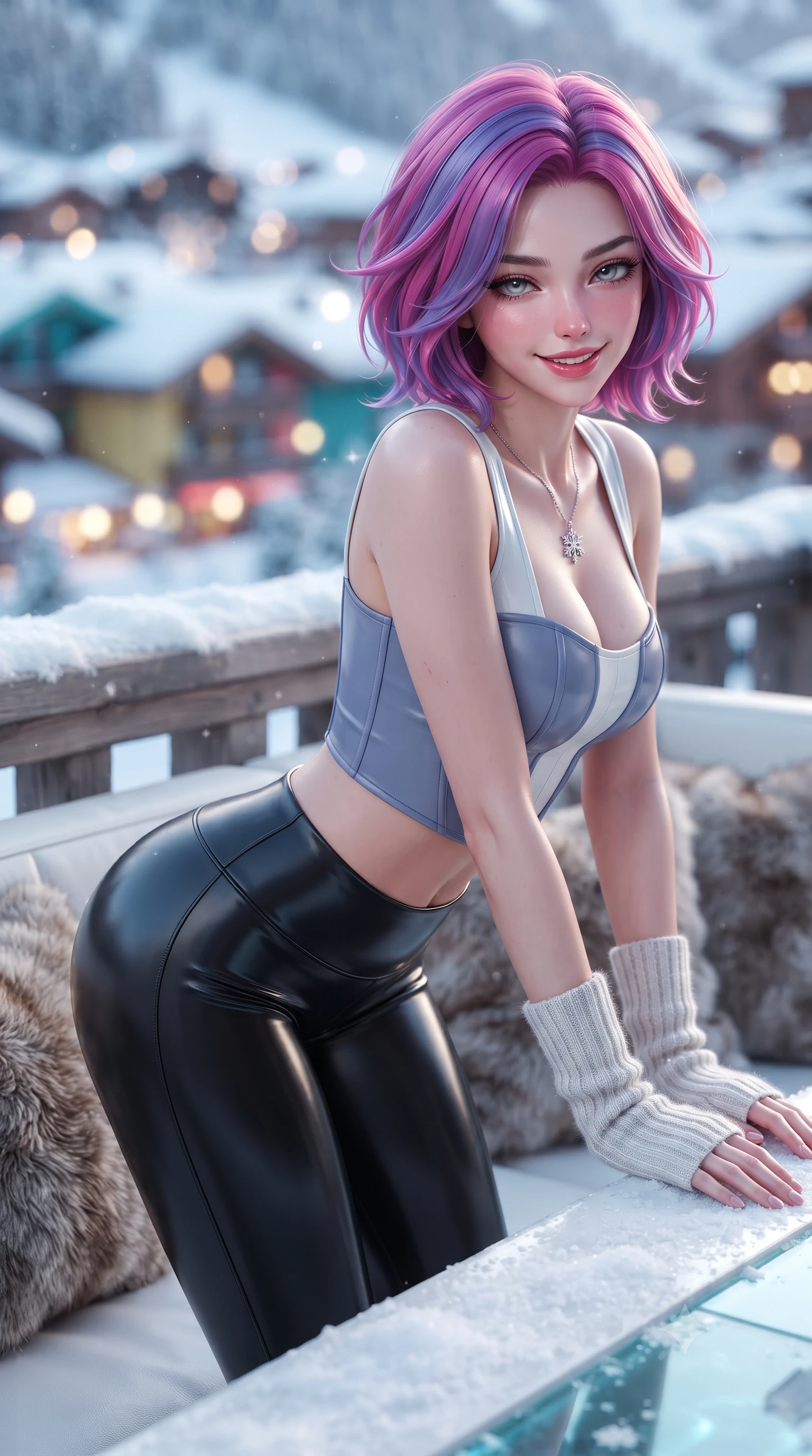 score_9, masterpiece, best quality, ultra-detailed, high-budget anime keyframe, editorial fashion photography, tasteful artistic composition, Caucasian woman. close-up cowboy shot from the waist and thighs up, the character dominates the composition, filling the frame with her large presence. leaning forward over the snow-dusted balustrade while arching her lower back to accentuate her curvy hips, looking into the camera with a radiant playful smile and seductive bedroom-eyes while lounging in a heated white leather banquette surrounded by fur cushions, flashing a teasing smile with parted glossy lips. The composition keeps background elements in soft focus with dreamy creamy bokeh. the glistening snow bowls of the French Three Valleys and colorful luxury chalet roofs blurred into champagne, turquoise, and coral bokeh. She has an exceptionally elegant, slender, and willowy female figure with an ultra-slim waist, flat toned midriff, narrow ribcage, and sculpted feminine hips creating an alluring, slim hourglass silhouette without bulk. sharp v-shaped jawline, high-bridge nose, sparkling ice-crystal eyes with depth, frosty thick lashes, glossy parted lips with a rosy berry sheen, bright playful smile with an intoxicating seductive glint, rosy flushed cheeks radiating cozy warmth and dangerous allure, flawlessly proportioned anatomical accuracy, strict slender model proportions, natural body alignment, perfectly sculpted long slender limbs, ultra-slim waistline, clean dynamic posture without body distortion. wearing sleek black liquid-look thermal leggings paired with a cropped structured corset top in dusty periwinkle blue and cloud white, tailored from crisp technical ski fabric with clean aerodynamic lines, featuring elegant fingerless knit wrist warmers and a dainty silver snowflake pendant, the form-contouring cut accentuating her sculpted flat midriff, narrow delicate ribcage, and gracefully curvy hips with alpine supermodel elegance. bathed in dazzling high-altitude alpine sunlight and subtle cyan ice-bar underlighting. ultra-reflective glossy finish, specular highlights, rich textural contrasts, high-contrast stereoscopic depth, volumetric dynamic lighting, 2k, ultra detail, master piece, 9:16 ratio