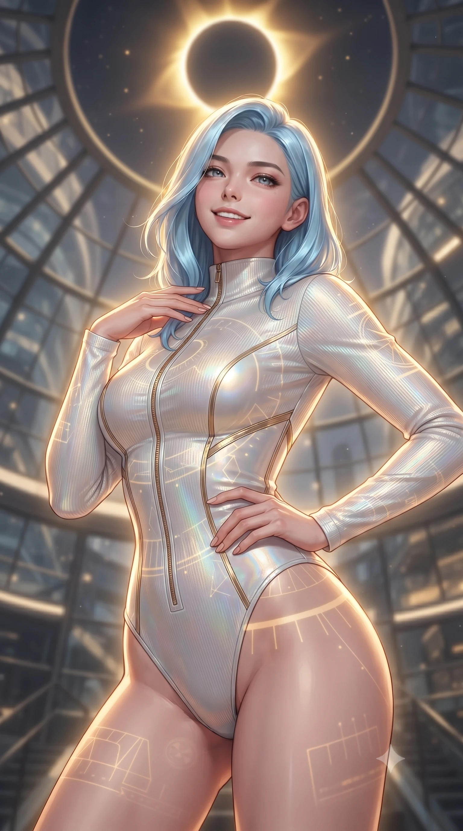 score_9, masterpiece, best quality, ultra-detailed, high-budget anime keyframe, editorial fashion photography, tasteful artistic composition, Korean woman. close-up cowboy shot from the waist and thighs up, the character dominates the composition, filling the frame with her large presence, background elements kept in soft focus. Smiling with quiet, magnetic self-assurance directly into the camera, inside a dome solarium looking up at a total solar eclipse with a glowing golden corona, translucent sun-dial markings projected onto her sleek outfit. She has an exceptionally elegant, slender, and willowy female figure with an ultra-slim waist, a gracefully sculpted slender torso, and a refined silhouette. sharp v-shaped jawline, high-bridge nose, intricate jewel-like eyes with depth, thick eyelashes, glossy lips with a natural sheen. wearing sleek high-neck ribbed activewear bodysuit in pearl white in radiant platinum, made of iridescent hologram organza, finished with metallic gold boning and sleek zipper points, the fitted fabric emphasizing her ultra-slim waist. surrounded by a glowing golden aura with sharp rim highlights. ultra-reflective glossy finish, specular highlights, metallic sheen, high-contrast stereoscopic depth, volumetric dynamic lighting, 2k, ultra detail, master piece, 9:16 ratio