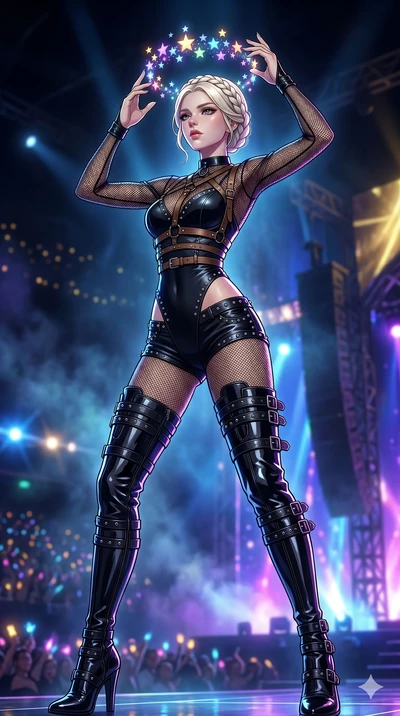 score_9, masterpiece, best quality, ultra-detailed, high-budget anime movie keyframe, cinematic anime lighting, intricate line art, Caucasian (strictly human ears) woman. Low angle cowboy shot capturing a powerful motion and statuesque presence. weav