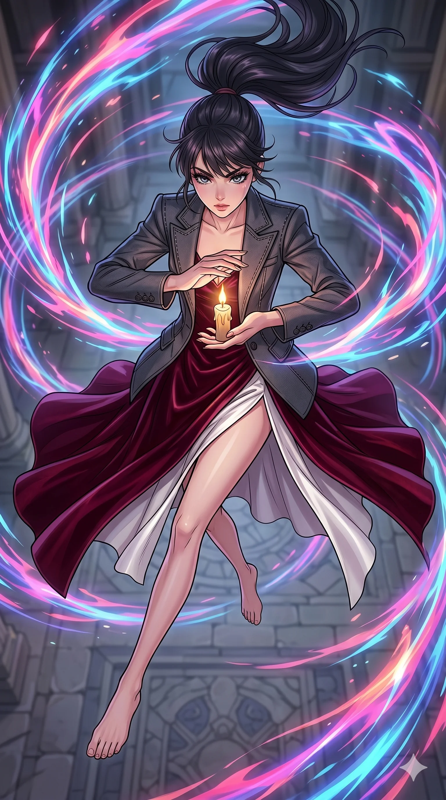score_9, masterpiece, best quality, ultra-detailed, high-budget anime movie keyframe, cinematic anime lighting, intricate line art, Caucasian (strictly human ears) woman. Extreme high angle shot as she leaps towards the camera, filling the frame. shielding a flickering candle from a hurricane of magical energy. She has an absolutely perfect 8-heads proportion, an exceptionally tall and slender female figure with an ultra-slim waist and impossibly long slender legs. strictly human anatomy, two legs only, no extra limbs, clearly defined legs and arms, perfect anatomy, perfect hands and fingers. sharp v-shaped jawline, high-bridge nose, intricate jewel-like eyes, thick eyelashes, glossy lips. Wearing High-Fashion Editorial: Silk slip dress with high side slit, backless velvet gown, and structured blazer with nothing underneath. The scene is illuminated by dramatic atmospheric lighting and vibrant color palettes. , 2k, ultra detail, master piece, 9:16 ratio