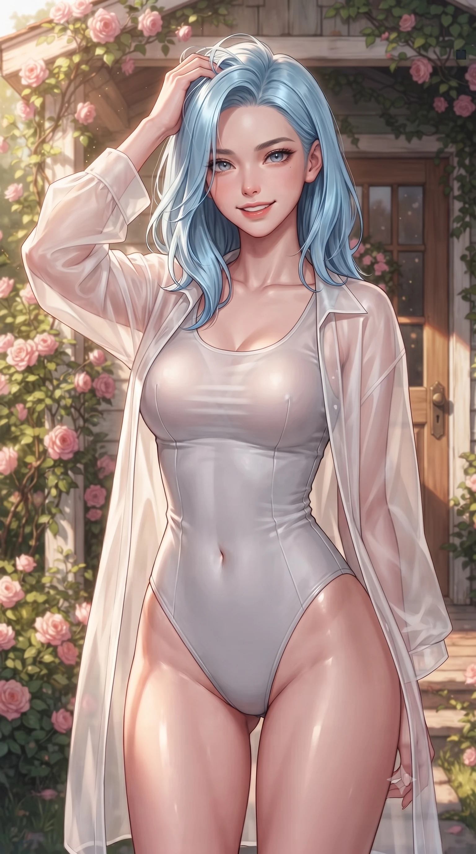 score_9, masterpiece, best quality, ultra-detailed, high-budget anime keyframe, editorial fashion photography, tasteful artistic composition, Korean woman woman. close-up cowboy shot from the waist and thighs up, the character dominates the composition, filling the frame with her large presence, background elements kept in soft focus. smiling with quiet, magnetic self-assurance directly into the camera, running a hand through her hair the background shows a soft-focus the front porch of a rustic cottage covered in pink roses and ivy. She has an exceptionally elegant, slender, and willowy female figure with an ultra-slim waist, a gracefully sculpted slender torso, and a refined silhouette. sharp v-shaped jawline, high-bridge nose, intricate jewel-like eyes with depth, thick eyelashes, glossy lips with a natural sheen. wearing a slim-fit semi-transparent white organza resort cover-up worn over a form-fitting one-piece swimsuit. warm morning sunbeams highlighting the wooden door and flowers. ultra-reflective glossy finish, specular highlights, metallic sheen, high-contrast stereoscopic depth, volumetric dynamic lighting, 2k, ultra detail, master piece, 9:16 ratio