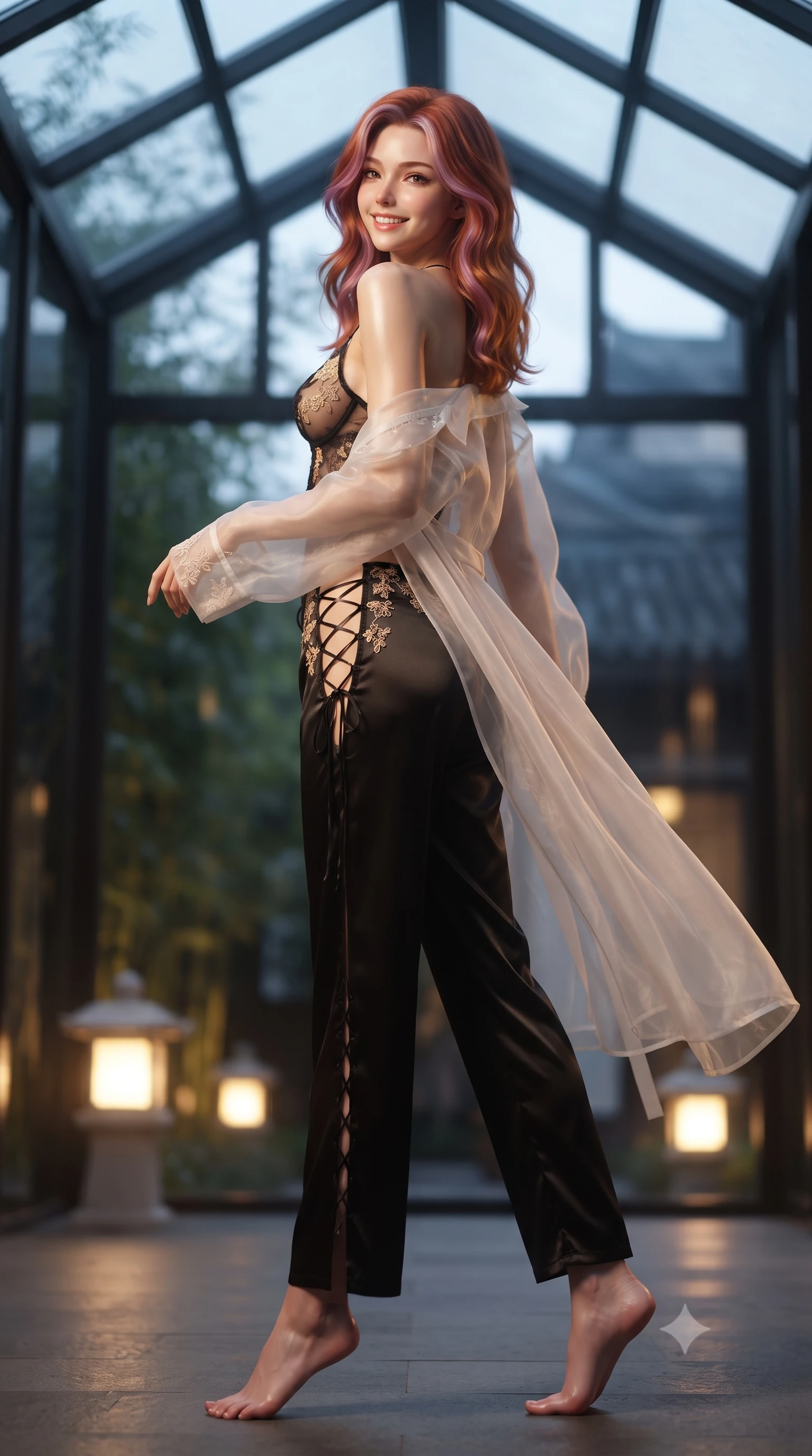 score_9, masterpiece, best quality, ultra-detailed, high-budget anime keyframe, editorial fashion photography, tasteful artistic composition, Caucasian woman. low angle full-body shot from head to toe showing her feet, filling the entire 9:16 vertical frame with her statuesque presence, stretching her vertical silhouette. walking along the terrace with poise, looking back over her bare shoulder with an irresistible smoldering bedroom-gaze while standing poised beneath the pitched glass roof of the private conservatory, arching her lower back as moonbeams dance through bamboo fronds. The background shows a soft-focus swaying black bamboo culms outside glass walls, glowing stone courtyard lanterns, and vintage Shanghai French villa rooflines blurred into jade, topaz, and indigo bokeh. She has an exceptionally tall and slender model-like 8.5-heads proportion, an ultra-slim waist, a flat toned midriff, narrow delicate ribcage, and beautifully sculpted feminine hips creating a graceful, slim hourglass silhouette without any bulky heaviness, with impossibly long slender legs. sharp v-shaped jawline, high-bridge nose, intricate jewel-like sparkling eyes with depth, thick eyelashes, glossy parted lips with a natural peach sheen, bright cheerful beaming smile with an enchanting and coquettish sensual glint, exuding both youthful cute charm and seductive allure, flawlessly proportioned anatomical accuracy, strict slender model proportions, natural body alignment, perfectly sculpted long slender limbs, ultra-slim waistline, clean dynamic posture without body distortion. wearing a delicate translucent silk organza wrap robe worn loose over a sheer lace demi-bustier and satin tap pants in Shanghai noir black and imperial 24k gold, made of delicate embroidered tulle lace with intricate floral motifs and soft transparency, featuring fine criss-cross lace-up side ties revealing tantalizing glimpses of her hip curve, the glove-like clinging cut tightly following the natural contour of her hips and long slender legs with youthful 8.5-heads elegance. bathed in the moody warm 2300K glow of antique brass reading lamps mixed with silver moonlight through glass. ultra-reflective glossy finish, specular highlights, rich textural contrasts, high-contrast stereoscopic depth, volumetric dynamic lighting, 2k, ultra detail, master piece, 9:16 ratio