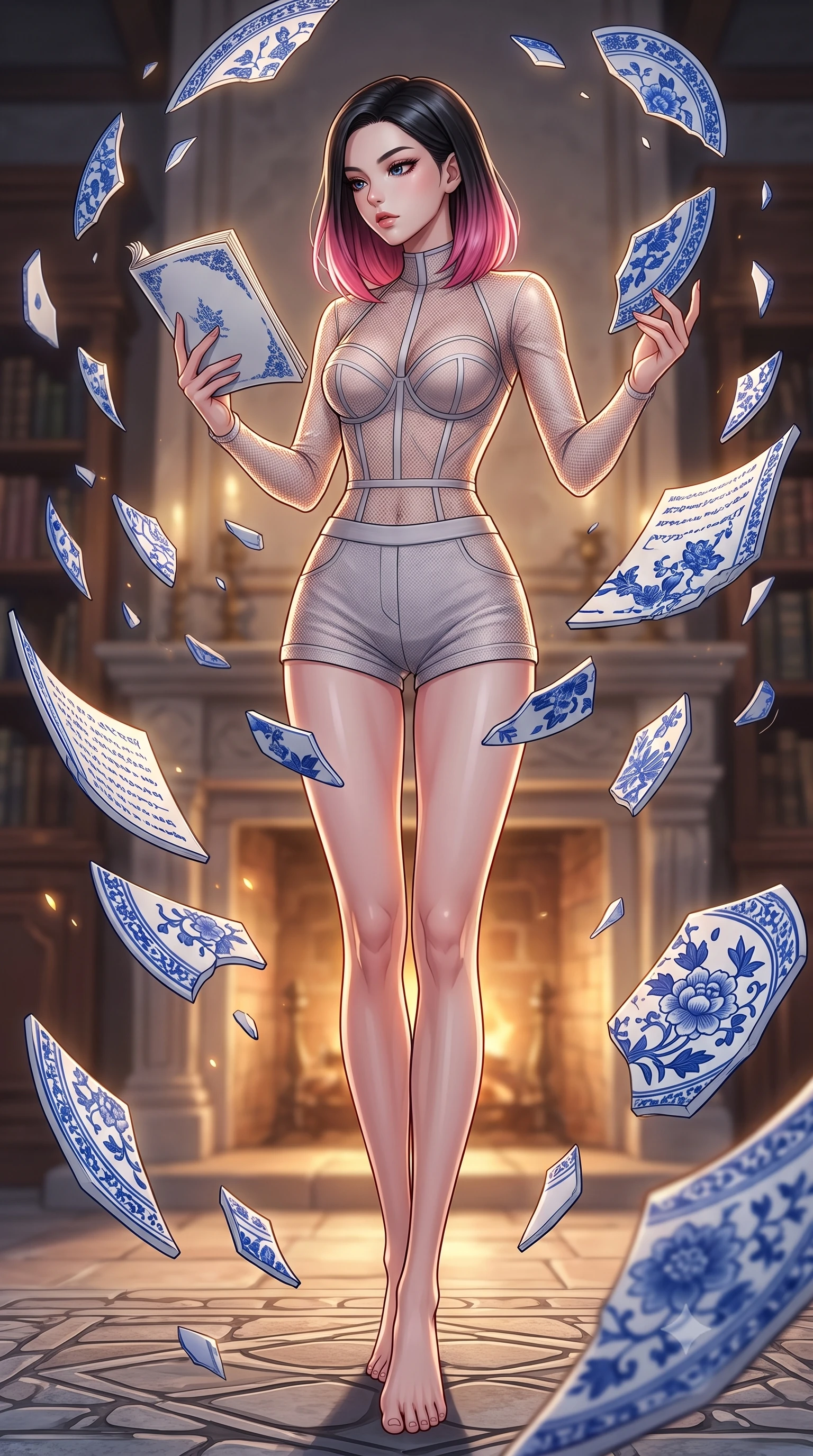 score_9, masterpiece, best quality, ultra-detailed, high-budget anime keyframe, editorial fashion photography, tasteful artistic composition, Korean woman. low angle full-body shot from head to toe showing her feet, filling the entire 9:16 vertical frame with her statuesque presence, stretching her vertical silhouette. interacting gracefully with the magical floating elements while maintaining a confident posture inspecting a fine ceramic manuscript decorated with cobalt blue ink patterns, intricate blue porcelain floral patterns on floating ceramic shards. She has an absolutely perfect, statuesque 8.5-heads proportion, an exceptionally tall and slender model-like female figure with impossibly long slender legs and an ultra-slim waist. sharp v-shaped jawline, high-bridge nose, intricate jewel-like eyes with depth, thick eyelashes, glossy lips with a natural sheen. wearing a delicate see-through mesh top with structured cup boning paired with micro-shorts, the glove-like fit emphasizing her statuesque silhouette. lit by soft warm hearth light with sharp gold specular highlights. highly saturated vibrant anime colors, detailed shading with soft gradients, rich glossy textures, high-contrast stereoscopic depth, volumetric dynamic lighting, master piece, 9:16 ratio