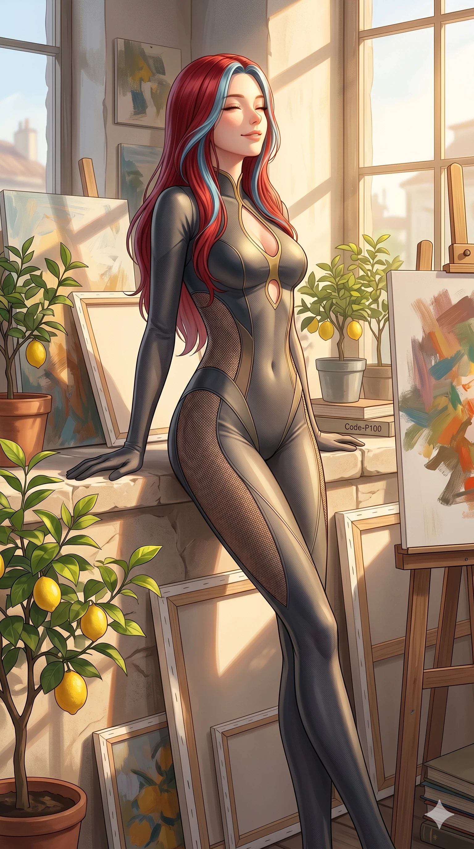 score_9, masterpiece, best quality, ultra-detailed, high-budget anime keyframe, editorial fashion photography, tasteful artistic composition, Caucasian woman, strictly human ears. cowboy shot from the thighs up, character and outfit filling the frame for maximum editorial presence. leaning back gracefully with a serene, relaxed smile, letting the warm sun wash over her face in a quiet sun-washed art atelier filled with canvases and potted citrus plants (Code-P100). She has an absolutely perfect 8-heads proportion, an exceptionally tall and slender female figure with impossibly long slender legs and an ultra-slim waist. V-shaped jawline, high-bridge nose, intricate jewel-like eyes with depth, thick eyelashes, glossy lips with a natural sheen. wearing a sleek, glove-like bodysuit with elegant keyhole cutout and side mesh panels. bathed in warm afternoon sunbeams casting long, soft shadows and highlighting her slender waist. 2k, ultra detail, master piece, 9:16 ratio