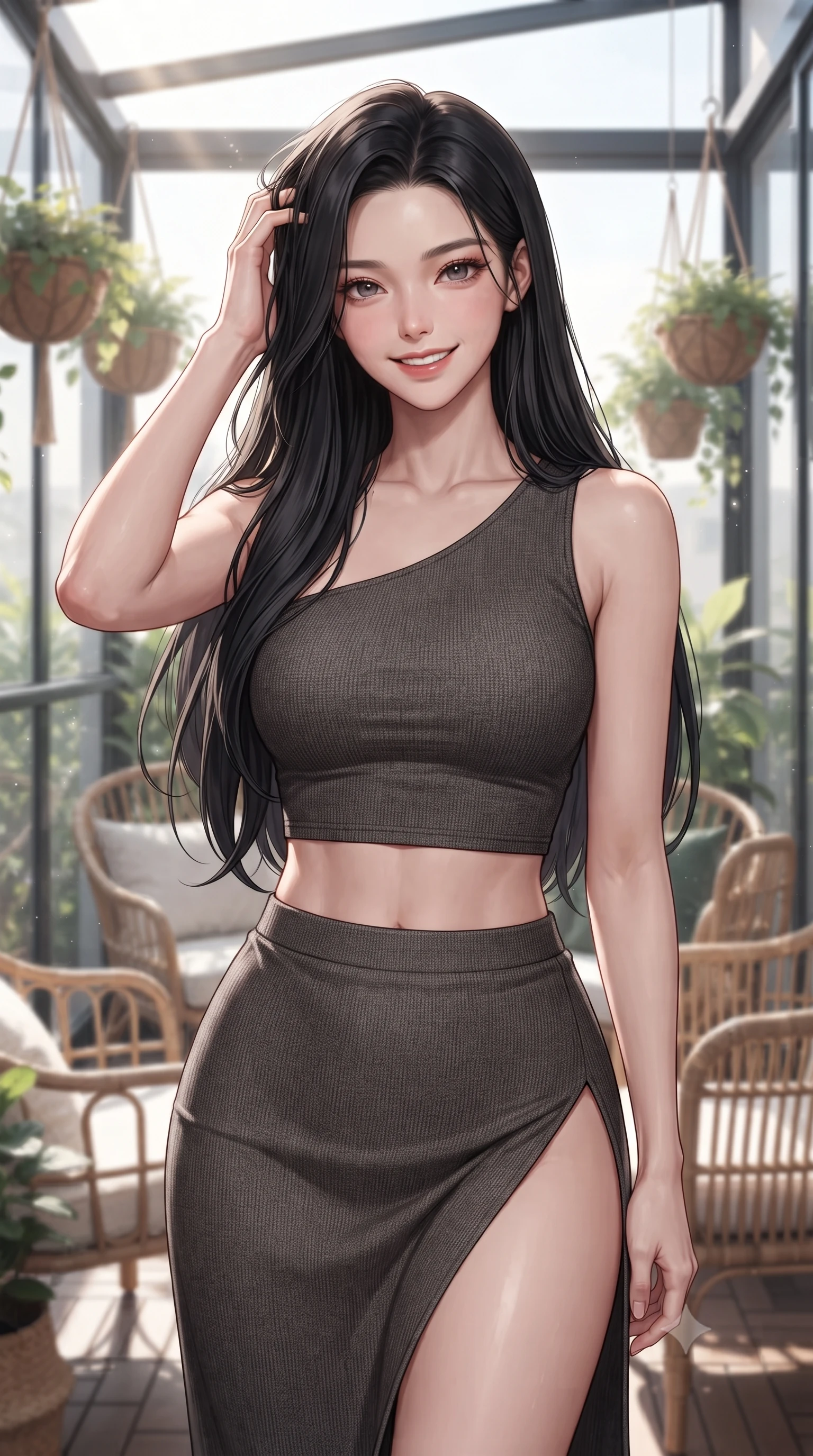 score_9, masterpiece, best quality, ultra-detailed, high-budget anime keyframe, editorial fashion photography, tasteful artistic composition, Korean woman woman. close-up cowboy shot from the waist and thighs up, the character dominates the composition, filling the frame with her large presence, background elements kept in soft focus. smiling with quiet, magnetic self-assurance directly into the camera, running a hand through her hair the background shows a soft-focus a glass-walled balcony filled with hanging plant baskets and rattan chairs. She has an exceptionally elegant, slender, and willowy female figure with an ultra-slim waist, a gracefully sculpted slender torso, and a refined silhouette. sharp v-shaped jawline, high-bridge nose, intricate jewel-like eyes with depth, thick eyelashes, glossy lips with a natural sheen. wearing a slim-fit asymmetric one-shoulder crop top in charcoal knit, paired with a high-slit skirt. bright afternoon sun rays illuminating the entire green space. ultra-reflective glossy finish, specular highlights, metallic sheen, high-contrast stereoscopic depth, volumetric dynamic lighting, 2k, ultra detail, master piece, 9:16 ratio