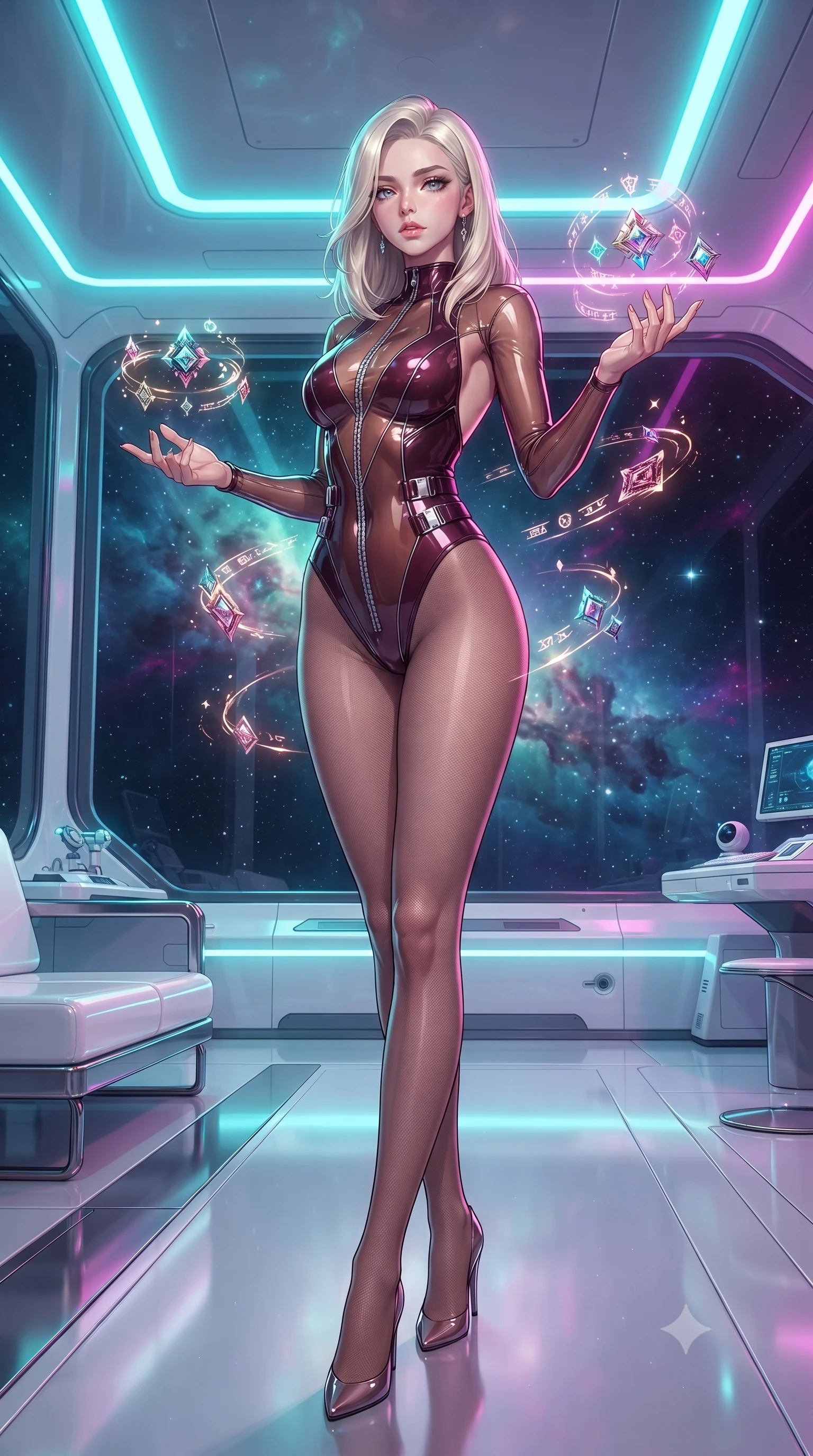 score_9, masterpiece, best quality, ultra-detailed, high-budget anime keyframe, editorial fashion photography, tasteful artistic composition, Caucasian woman. low angle full-body shot from head to toe showing her feet, filling the entire 9:16 vertical frame with her statuesque presence, stretching her vertical silhouette. interacting gracefully with the magical floating elements while maintaining a confident posture standing inside a high-tech observatory with panoramic glass views of a nebula, sleek reflective white and chrome surfaces emphasizing ultra-clean lines. She has an absolutely perfect, statuesque 8.5-heads proportion, an exceptionally tall and slender model-like female figure with impossibly long slender legs and an ultra-slim waist. sharp v-shaped jawline, high-bridge nose, intricate jewel-like eyes with depth, thick eyelashes, glossy lips with a natural sheen. wearing a high-cut translucent vinyl leotard with front paneling and open back in deep burgundy and bronze, formed from sleek second-skin neoprene, detailed with polished silver buckles along the waistline, the form-contouring material highlighting her ultra-slim waist and long lines. bathed in brilliant neon cyan and magenta rim light with clean white ambient glow. highly saturated vibrant anime colors, detailed shading with soft gradients, rich glossy textures, high-contrast stereoscopic depth, volumetric dynamic lighting, master piece, 9:16 ratio