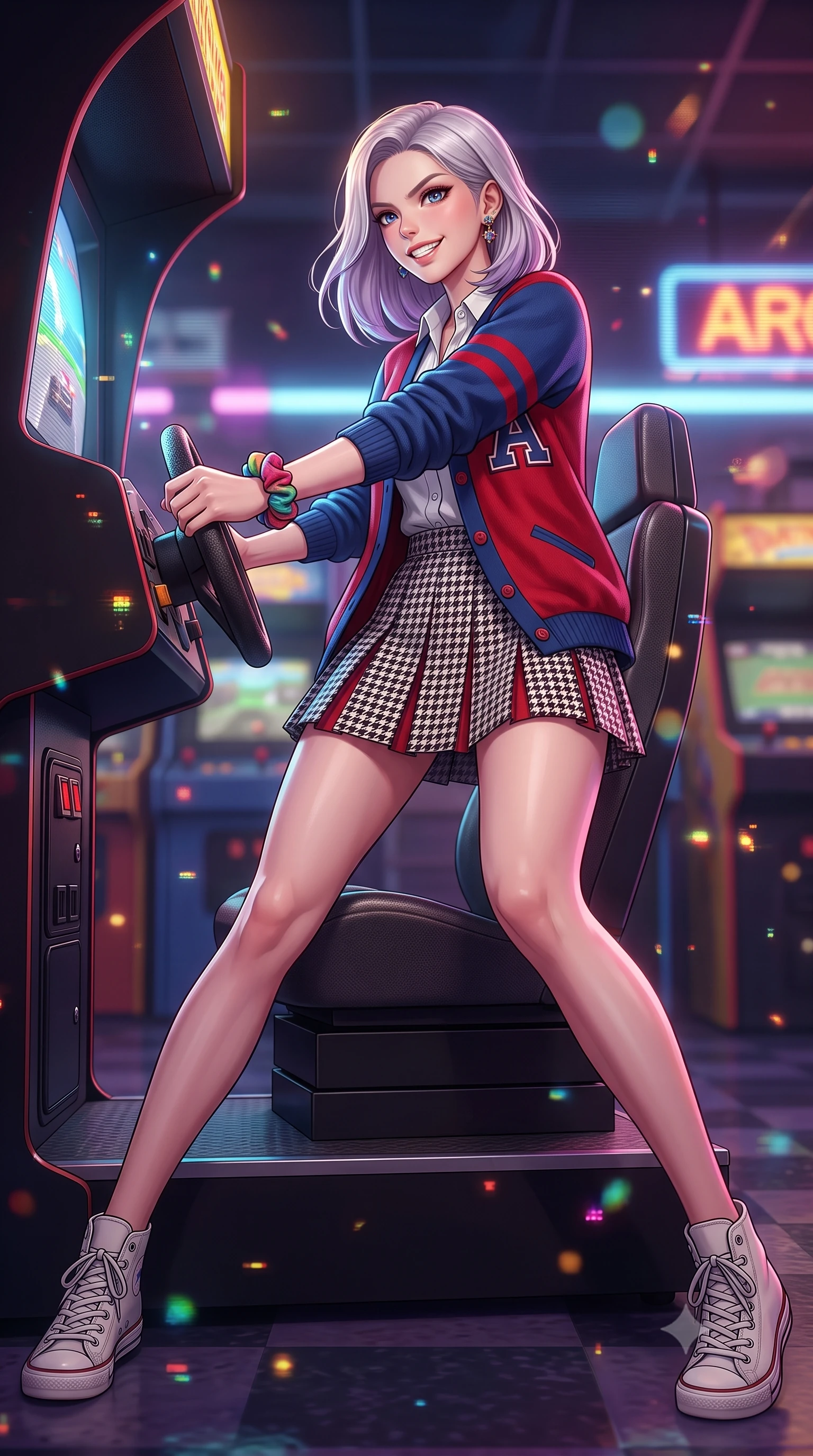 score_9, masterpiece, best quality, ultra-detailed, high-budget anime keyframe, semi-realistic 3D game render, editorial fashion photography, tasteful artistic composition, Caucasian woman. low angle full-body shot from head to toe showing her feet, filling the entire 9:16 vertical frame with her statuesque presence, stretching her vertical silhouette. pivoting dynamically with supreme athletic balance and poise, her impossibly long slender legs creating a breathtaking line while sitting on a coin-op racing game seat with steering wheel in hand, looking over her shoulder with an energetic, competitive grin. The composition keeps background elements in soft focus with creamy bokeh. flickering coin-slot lights and pixel scanline glints scattering vibrant nostalgic light motes. She has an absolutely perfect, statuesque 8.5-heads proportion, an exceptionally tall and slender model-like female figure with impossibly long slender legs, a toned flat midriff, and an ultra-slim waist. sharp v-shaped jawline, high-bridge nose, intricate jewel-like eyes with depth, thick eyelashes, glossy lips with a natural sheen, captivating and magnetic expression, flawlessly proportioned anatomical accuracy, strict slender model proportions, natural body alignment, perfectly sculpted long slender limbs, ultra-slim waistline, clean dynamic posture without body distortion. wearing a preppy 80s varsity cardigan sweater layered over a crisp collared button-down shirt and a tennis pleated skirt in classic monochrome houndstooth and cherry red, made of crisp lightweight vintage crinkle nylon, accessorized with a colorful scrunchie on her wrist and classic retro high-top sneakers, the sleek tailored cut tightly hugging her graceful clavicle, narrow waist, and feminine curves with statuesque precision. surrounded by a playful, energetic, and delightfully charming 80s arcade sweetheart aura. highly saturated vibrant anime colors, detailed shading with soft gradients, rich glossy textures, high-contrast stereoscopic depth, volumetric dynamic lighting, master piece, 9:16 ratio