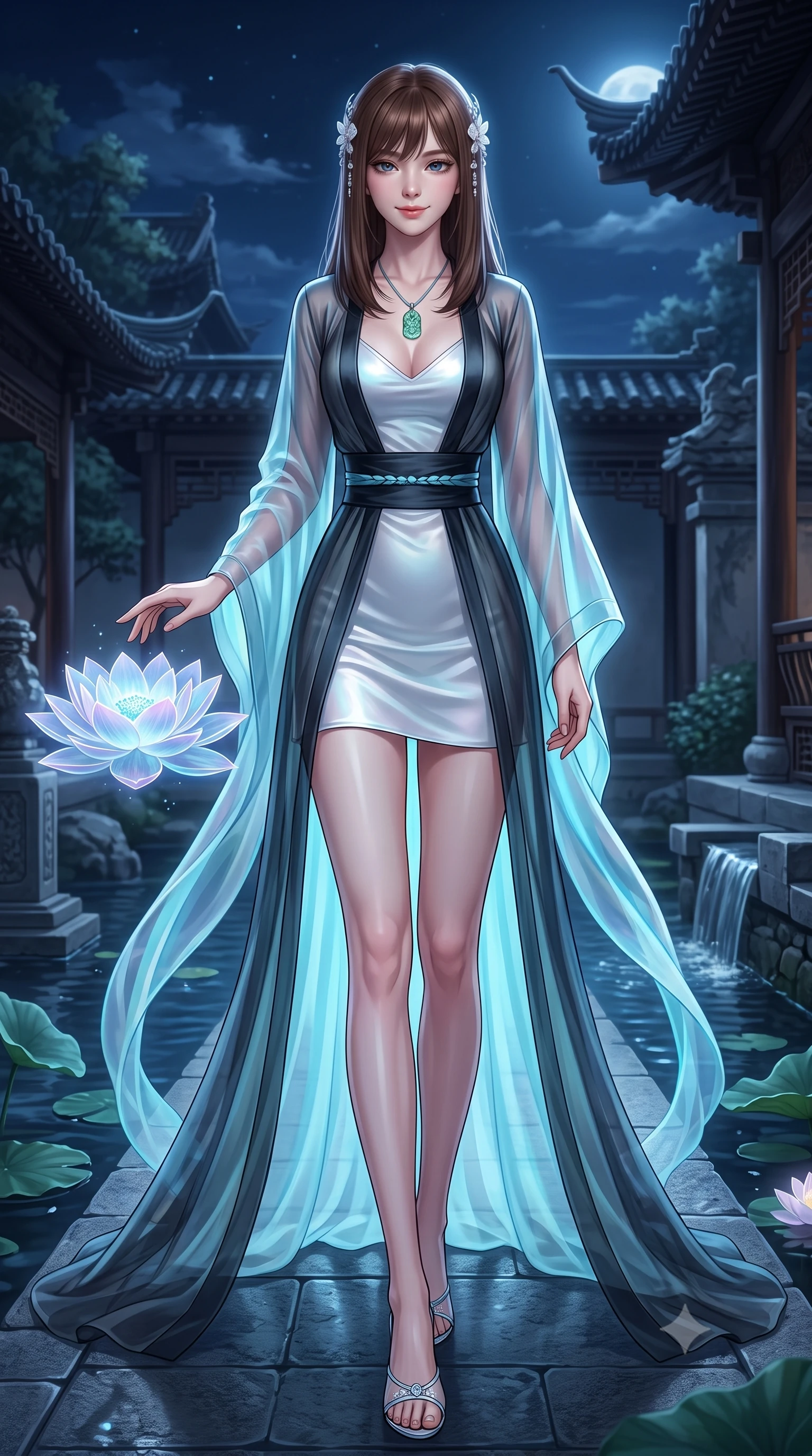 score_9, masterpiece, best quality, ultra-detailed, high-budget anime keyframe, semi-realistic 3D game render, editorial fashion photography, tasteful artistic composition, Korean woman. low angle full-body shot from head to toe showing her feet, filling the entire 9:16 vertical frame with her statuesque presence, stretching her vertical silhouette. striding forward in a proud, dynamic supermodel runway stride, her statuesque vertical silhouette commanding the entire frame while pivoting gracefully as floating holographic lotus blossoms drift across the water, touching one petal with a gentle smile. The surrounding environment is rendered in vivid detail and crisp panoramic clarity. transcendent nocturnal oriental chiaroscuro and magical moonlit garden architecture in precision. She has an absolutely perfect, statuesque 8.5-heads proportion, an exceptionally tall and slender model-like female figure with impossibly long slender legs, a toned flat midriff, and an ultra-slim waist. sharp v-shaped jawline, high-bridge nose, intricate jewel-like eyes with depth, thick eyelashes, glossy lips with a natural sheen, captivating and magnetic expression, flawlessly proportioned anatomical accuracy, strict slender model proportions, natural body alignment, perfectly sculpted long slender limbs, ultra-slim waistline, clean dynamic posture without body distortion. wearing an ethereal moon-goddess gossamer robe worn over a form-contouring pearlescent silk slip in dark ink-wash black and radiant moonlight cyan, crafted from weightless prism organza that refracts light with every motion, accented with mother-of-pearl hair ornaments and a carved jade pendant, the sleek tailored cut tightly hugging her graceful clavicle, narrow waist, and feminine curves with statuesque precision. surrounded by an otherworldly, sacred, and breathtakingly pure moon goddess aura. highly saturated vibrant anime colors, detailed shading with soft gradients, rich glossy textures, high-contrast stereoscopic depth, volumetric dynamic lighting, master piece, 9:16 ratio