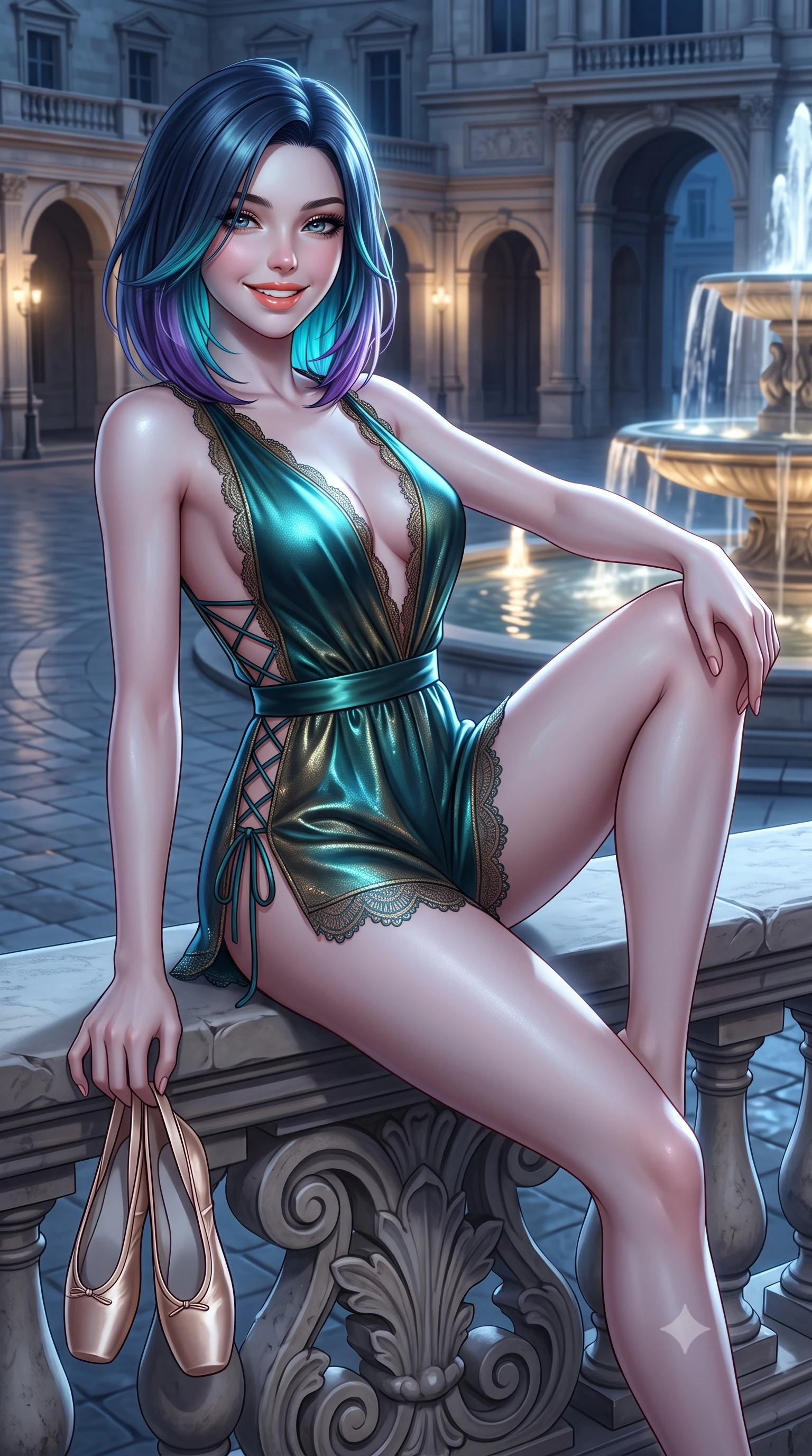 score_9, masterpiece, best quality, ultra-detailed, high-budget anime keyframe, semi-realistic 3D game render, editorial fashion photography, tasteful artistic composition, Caucasian woman. close-up cowboy shot from the waist and thighs up, the character dominates the composition, filling the frame with her large presence. perched sideways on the lounge seat, one knee drawn up to showcase her slender leg line while her arched back accentuates her feminine hip curve while lounging on the stone balustrade with one knee bent, holding her satin ballet shoes with an enchanting, parted-lip smile. The surrounding environment is rendered in vivid detail and crisp panoramic clarity: detailed satin ballet leotard cling, moonlight glints on skin, and classical French neoclassical architecture in high resolution. She has an exceptionally elegant, slender, and willowy female figure with an ultra-slim waist, flat toned midriff, narrow ribcage, and sculpted feminine hips creating an alluring, slim hourglass silhouette without bulk. sharp v-shaped jawline, high-bridge nose, sparkling eyes with hypnotic seductive depth, thick curled eyelashes, glossy parted lips with a natural dewy peach sheen, alluring bedroom-eyes with an enchanting coquettish smile, exuding magnetic siren charisma and sophisticated glamour, flawlessly proportioned anatomical accuracy, strict slender model proportions, natural body alignment, perfectly sculpted long slender limbs, ultra-slim waistline, clean dynamic posture without body distortion. wearing a deep V-neck silk satin ballerina romper with scalloped eyelash-lace hems and a cinched satin waist ribbon in iridescent peacock teal and burnished antique brass, woven from stretch metallic lurex jersey casting radiant starlight glints across her silhouette, finished with fine criss-cross lace-up side ties revealing tantalizing glimpses of her hip curve, the high-slit wrap tailoring accentuating her ultra-slim waistline and the enchanting curve of her feminine hips with alluring seductive charm. bathed in cool celestial moonlight streaming across the palace plaza paired with warm fountain spotlight fill. highly saturated vibrant anime colors, detailed shading with soft gradients, rich glossy textures, high-contrast stereoscopic depth, volumetric dynamic lighting, master piece, 9:16 ratio