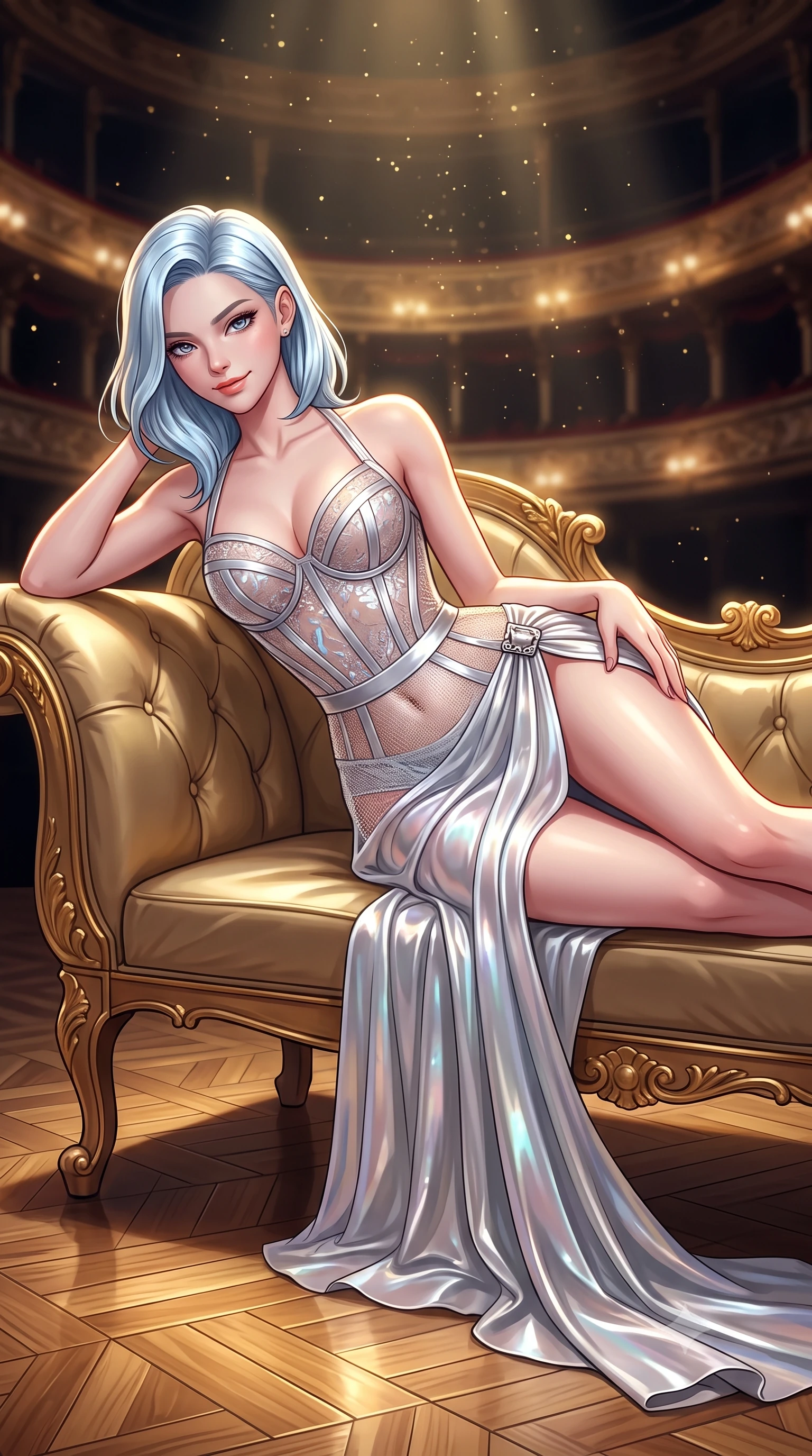 score_9, masterpiece, best quality, ultra-detailed, high-budget anime keyframe, semi-realistic 3D game render, editorial fashion photography, tasteful artistic composition, Korean woman. close-up cowboy shot from the waist and thighs up, the character dominates the composition, filling the frame with her large presence. tilting her head with a teasing half-smile, running one hand slowly down the side of her hip in a flirtatious S-curve as ambient light caresses her silhouette while lounging gracefully across the antique gilded chaise propped on one elbow with legs extended, displaying her long slender limbs and statuesque hourglass silhouette with regal anime flair. The background shows a soft-focus golden dust particles shimmering in spotlight beams softened in grand cyber-baroque opera house shallow focus. She has an exceptionally elegant, slender, and willowy female figure with an ultra-slim waist, flat toned midriff, narrow ribcage, and sculpted feminine hips creating an alluring, slim hourglass silhouette without bulk. sharp v-shaped jawline, high-bridge nose, intricate jewel-like sparkling eyes with depth, thick eyelashes, glossy parted lips with a natural peach sheen, bright cheerful beaming smile with an enchanting and coquettish sensual glint, exuding both youthful cute charm and seductive allure, flawlessly proportioned anatomical accuracy, strict slender model proportions, natural body alignment, perfectly sculpted long slender limbs, ultra-slim waistline, clean dynamic posture without body distortion. wearing a provocative translucent mesh corset bodice with boned satin channels paired with a sheer chiffon wrap skirt in iridescent mother-of-pearl and liquid molten silver, featuring strategic sheer-illusion tulle side panels framing her ribcage and hips, finished with sleek magnetic buckle closures fluttering in the breeze, the high-slit wrap tailoring accentuating her ultra-slim waistline and the enchanting curve of her feminine hips with alluring seductive charm. illuminated by polished parquet reflection bounce and sharp gold-plasma rim lights sculpting her jawline, narrow waist, and curvy hips. highly saturated vibrant anime colors, detailed shading with soft gradients, rich glossy textures, high-contrast stereoscopic depth, volumetric dynamic lighting, master piece, 9:16 ratio