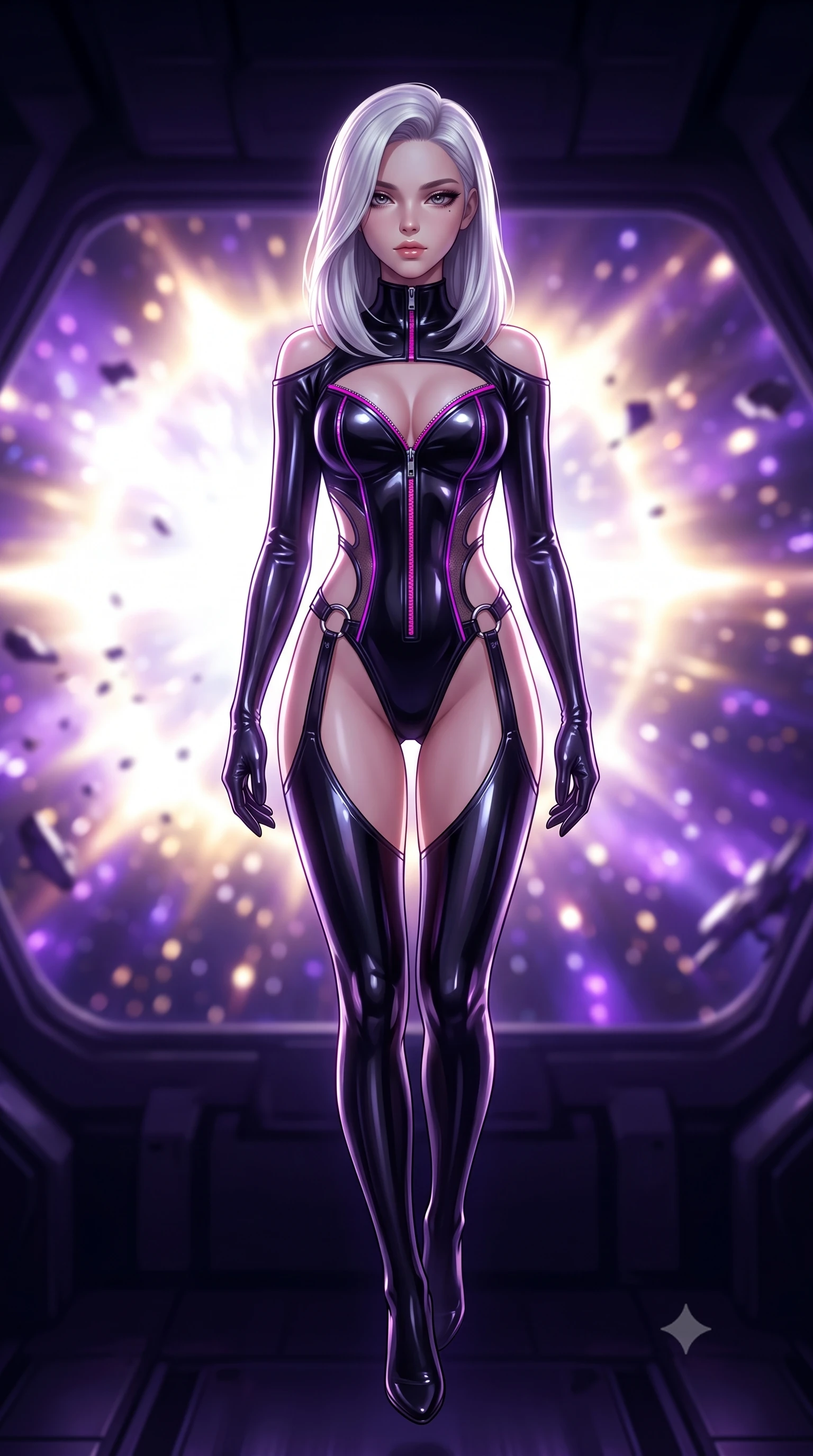 score_9, masterpiece, best quality, ultra-detailed, high-budget anime keyframe, semi-realistic 3D game render, editorial fashion photography, tasteful artistic composition, Caucasian woman. close-up cowboy shot from the waist and thighs up, the character dominates the composition, filling the frame with her large presence. casting a slow, smoldering gaze beneath heavy lashes with parted glossy lips, her head slightly tilted in captivating self-assurance while floating weightlessly in the center of an abandoned starship bridge as a dazzling supernova explodes outside. The composition keeps background elements in soft focus with creamy bokeh. blazing supernova shockwaves and floating starship debris blurred into brilliant violet and gold bokeh. She has an exceptionally elegant, slender, and willowy female figure with an ultra-slim waist, a gracefully sculpted slender torso, and a refined silhouette. sharp v-shaped jawline, high-bridge nose, intricate jewel-like eyes with depth, thick eyelashes, glossy lips with a natural sheen, flawlessly proportioned anatomical accuracy, natural body alignment, perfectly sculpted elegant limbs, clean dynamic posture without body distortion. wearing a glossy black second-skin latex bodysuit with high-thigh cuts, exposed clavicle neckline, and gleaming zipper details in chromatic platinum and blazing neon magenta, tailored from semi-translucent cybernetic vinyl with glowing micro-filaments, detailed with polished silver rings connecting the daring side-waist cutouts, the glove-like fit tightly following every curve of her statuesque athletic build. bathed in blinding white and gold supernova celestial radiance with deep cosmic purple shadows. highly saturated vibrant anime colors, detailed shading with soft gradients, rich glossy textures, high-contrast stereoscopic depth, volumetric dynamic lighting, master piece, 9:16 ratio