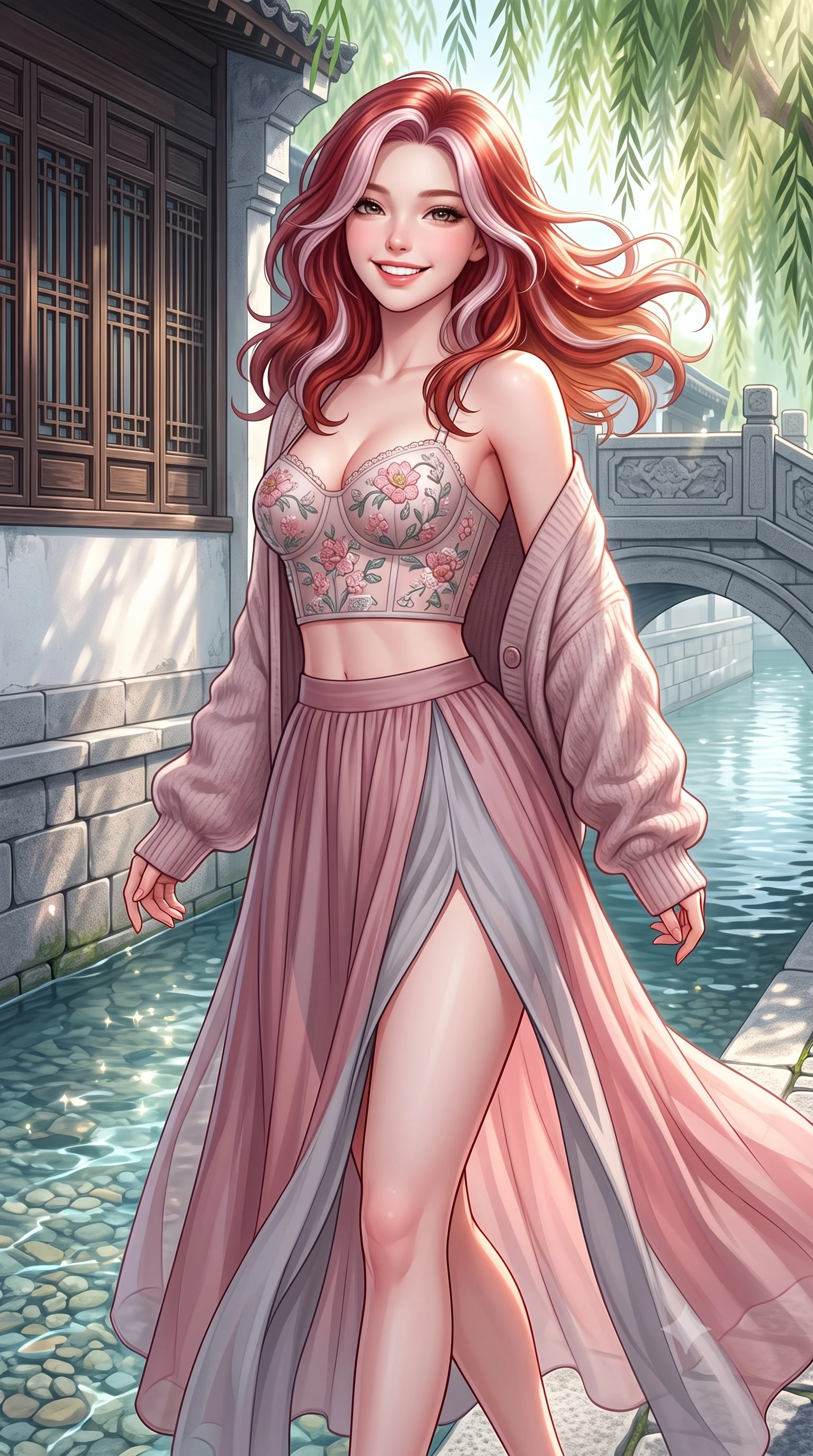 score_9, masterpiece, best quality, ultra-detailed, high-budget anime keyframe, semi-realistic 3D game render, editorial fashion photography, tasteful artistic composition, Caucasian woman. close-up cowboy shot from the waist and thighs up, the character dominates the composition, filling the frame with her large presence. turning playfully with a bright confident smile, her glossy hair tossing in the breeze as her hips angle gracefully in a captivating contrapposto while walking dynamically along the crystal-clear shallow canal, her form-hugging outfit accentuating her narrow waist and curvy hips in the gentle breeze. The surrounding environment is rendered in vivid detail and crisp panoramic clarity. sharp carved granite bridge masonry, dark wooden lattice window screens, and canal pebble clarity in deep focus. She has an exceptionally elegant, slender, and willowy female figure with an ultra-slim waist, flat toned midriff, narrow ribcage, and sculpted feminine hips creating an alluring, slim hourglass silhouette without bulk. sharp v-shaped jawline, high-bridge nose, intricate jewel-like sparkling eyes with depth, thick eyelashes, glossy parted lips with a natural peach sheen, bright cheerful beaming smile with an enchanting and coquettish sensual glint, exuding both youthful cute charm and seductive allure, flawlessly proportioned anatomical accuracy, strict slender model proportions, natural body alignment, perfectly sculpted long slender limbs, ultra-slim waistline, clean dynamic posture without body distortion. wearing a delicate floral embroidery bustier top paired with a flowy high-slit chiffon maxi skirt with a side hip opening in dusty rose and soft dove grey, woven from layered gossamer organza with weightless flutter, complemented by an oversized soft knit cardigan slipping off one bare shoulder, the form-contouring cut accentuating her sculpted flat midriff, narrow delicate ribcage, and gracefully curvy hips with supermodel precision. bathed in soft, sparkling morning sunbeams filtering through willow fronds onto the canal. highly saturated vibrant anime colors, detailed shading with soft gradients, rich glossy textures, high-contrast stereoscopic depth, volumetric dynamic lighting, master piece, 9:16 ratio