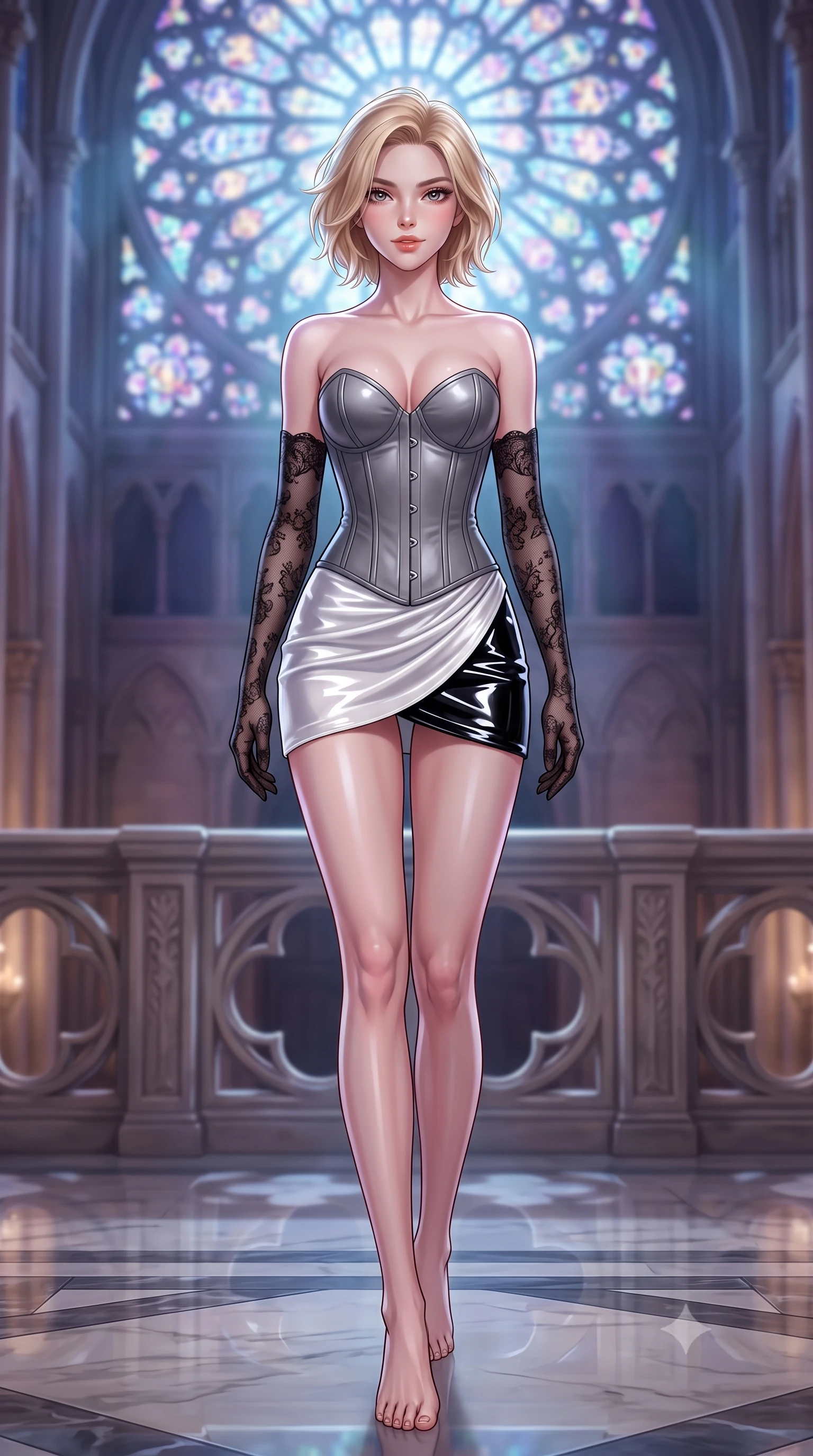 score_9, masterpiece, best quality, ultra-detailed, high-budget anime keyframe, semi-realistic 3D game render, editorial fashion photography, tasteful artistic composition, Caucasian woman. low angle full-body shot from head to toe showing her feet, filling the entire 9:16 vertical frame with her statuesque presence, stretching her vertical silhouette. stepping slowly toward the camera with hypnotic grace, hips swaying in an alluring sensual rhythm that accentuates her curvy hourglass silhouette and long slender legs while perched sideways on the organ bench with legs extended, resting one hand on the ivory keys with effortless dark-romance cool. The background shows a soft-focus carved gallery balustrades softened in sacred gothic cathedral shallow focus. She has an absolutely perfect, statuesque 8.5-heads proportion, an exceptionally tall and slender model-like female figure with impossibly long slender legs, an ultra-slim waist, a flat toned midriff, narrow delicate ribcage, and beautifully sculpted feminine hips creating a graceful, slim hourglass silhouette without any bulky heaviness. sharp v-shaped jawline, high-bridge nose, sparkling eyes with hypnotic seductive depth, thick curled eyelashes, glossy parted lips with a natural dewy peach sheen, alluring bedroom-eyes with an enchanting coquettish smile, exuding magnetic siren charisma and sophisticated glamour, flawlessly proportioned anatomical accuracy, strict slender model proportions, natural body alignment, perfectly sculpted long slender limbs, ultra-slim waistline, clean dynamic posture without body distortion. wearing a structured Victorian boned leatherette corset bodice paired with an ultra-short micro-wrap velvet mini skirt in architectural titanium grey and pure milk white, crafted from wet-look high-gloss vinyl fabric with dazzling specular surface reflections, complemented by sheer opera-length lace evening gloves tracing her slender arms, the second-skin tailored fabric adhering flawlessly to her sculpted flat midriff and slender torso, emphasizing her long leg lines and perfectly proportioned willowy build. bathed in ethereal jewel-toned moonlight filtering through the colossal stained-glass rose window. highly saturated vibrant anime colors, detailed shading with soft gradients, rich glossy textures, high-contrast stereoscopic depth, volumetric dynamic lighting, master piece, 9:16 ratio