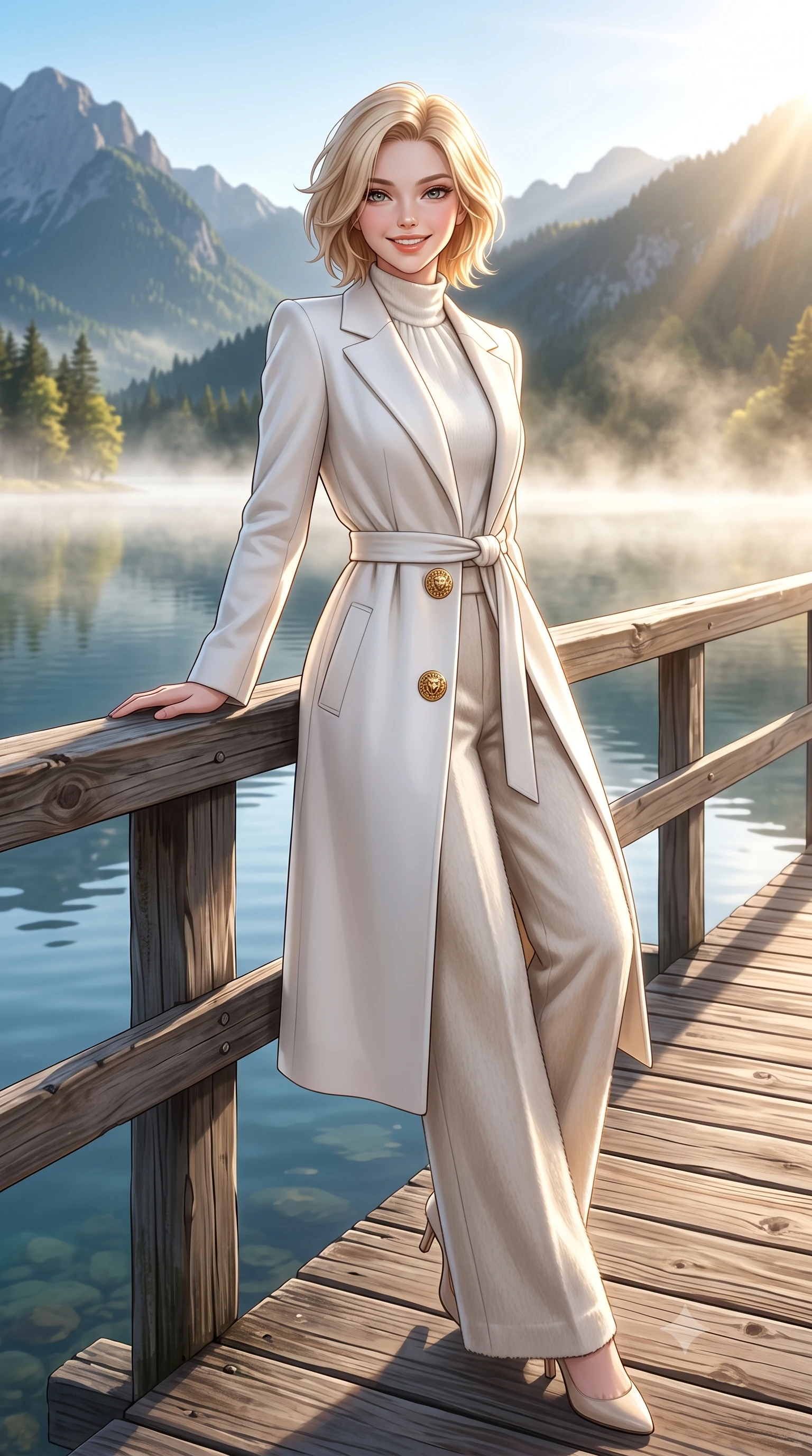 score_9, masterpiece, best quality, ultra-detailed, high-budget anime keyframe, semi-realistic 3D game render, editorial fashion photography, tasteful artistic composition, Caucasian woman. low angle full-body shot from head to toe showing her feet, filling the entire 9:16 vertical frame with her statuesque presence, stretching her vertical silhouette. pausing along the promenade and turning back toward the camera with an infectious, delightful smile and perfect posture while leaning against the rustic timber pier railing, watching mist dance across the lake surface with tranquil poetic charm. The surrounding environment is rendered in vivid detail and crisp panoramic clarity: detailed quilted down-tailored coat quilting, high funnel neck collar, and alpine lakeside topography in high resolution. She has an exceptionally tall and slender model-like 8.5-heads proportion, an ultra-slim waist, a flat toned midriff, narrow delicate ribcage, and beautifully sculpted feminine hips creating a graceful, slim hourglass silhouette without any bulky heaviness, with impossibly long slender legs. sharp v-shaped jawline, high-bridge nose, intricate jewel-like sparkling eyes with depth, thick eyelashes, glossy parted lips with a natural peach sheen, bright cheerful beaming smile with an enchanting and coquettish sensual glint, exuding both youthful cute charm and seductive allure, flawlessly proportioned anatomical accuracy, strict slender model proportions, natural body alignment, perfectly sculpted long slender limbs, ultra-slim waistline, clean dynamic posture without body distortion. wearing a modern tailored silk-blend robe coat with minimalist sash belt layered over a high-neck blouse and wide culottes in Swiss alpine snow white and oat cashmere, woven from plush alpaca yarn with a cloud-like fuzzy texture and soft halo, accented with an ornate 24k gold lion-embossed crest button along the front closure, the sharp shoulder tailoring and gently nipped waist framing her slender torso with pristine sartorial perfection. bathed in crisp, sparkling morning sun breaking over mountain crests, illuminating lake mist with ethereal golden backlighting. highly saturated vibrant anime colors, detailed shading with soft gradients, rich glossy textures, high-contrast stereoscopic depth, volumetric dynamic lighting, master piece, 9:16 ratio