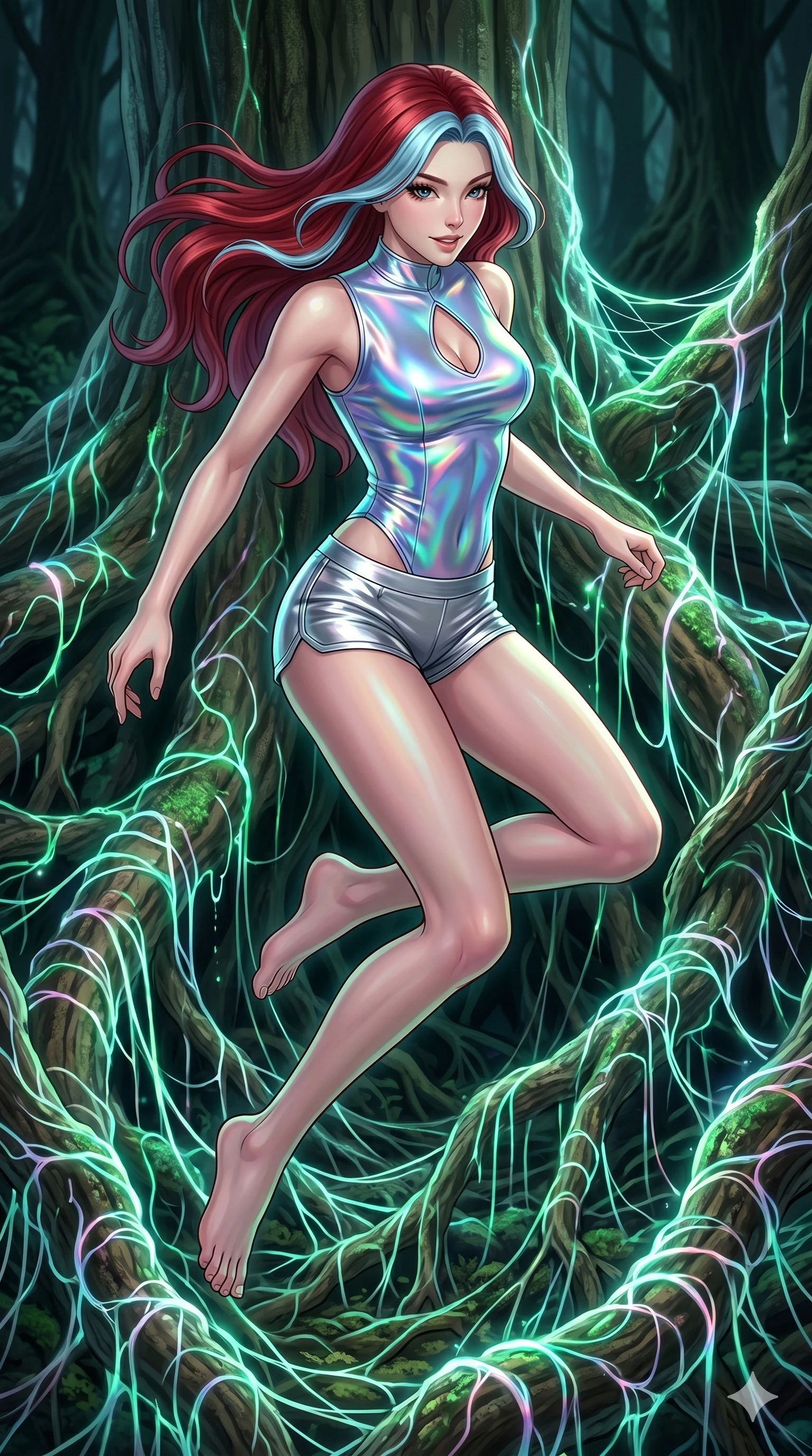 score_9, masterpiece, best quality, ultra-detailed, high-budget anime keyframe, Korean woman. upper body close-up from the thighs up, character filling the screen for maximum presence. jumping amidst giant ancient tree roots wrapped in trillions of glowing mycelium threads pulsing with emerald and opal light. She has an absolutely perfect 8-heads proportion, an exceptionally tall and slender female figure with impossibly long slender legs and an ultra-slim waist. V-shaped jawline, high-bridge nose, intricate jewel-like eyes with depth, thick eyelashes, glossy lips with a natural sheen.. wearing a holographic liquid silk vest and silver metallic micro-shorts, featuring a keyhole cutout and form-fitting silhouette. lit by a soft glowing ambient light and a sharp side key light that traces the sleek contours of her athletic build. 2k, ultra detail, master piece, 9:16 ratio