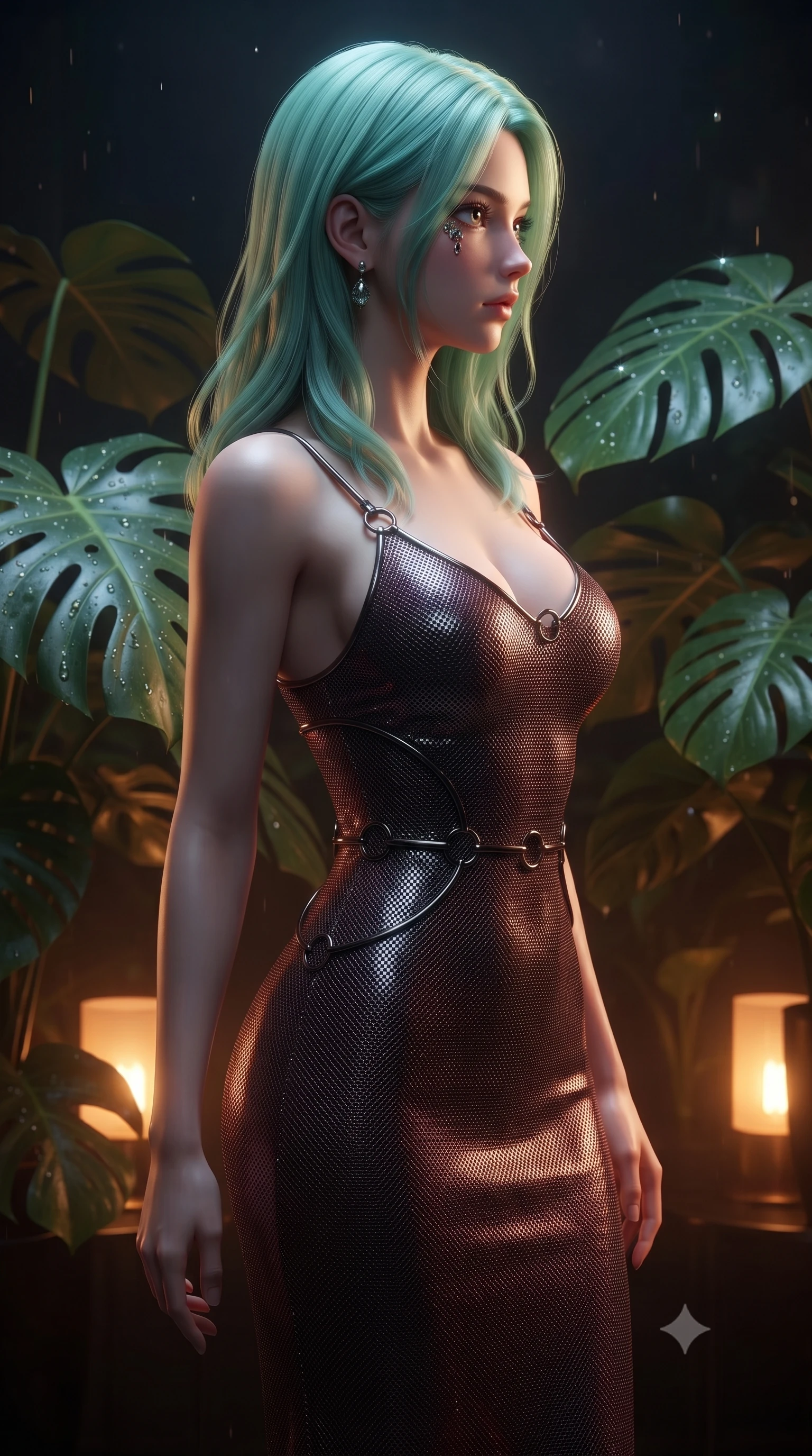 score_9, masterpiece, best quality, ultra-detailed, high-budget anime keyframe, editorial fashion photography, tasteful artistic composition, Japanese woman. close-up cowboy shot from the waist and thighs up, the character dominates the composition, filling the frame with her large presence, background elements kept in soft focus. Turning her face in sharp dramatic profile against the key light, standing amidst lush tropical monstera plants illuminated by warm amber floor lamps, dewdrops on large tropical monstera leaves catching sharp specular highlights. She has an exceptionally elegant, slender, and willowy female figure with an ultra-slim waist, a gracefully sculpted slender torso, and a refined silhouette. sharp v-shaped jawline, high-bridge nose, intricate jewel-like eyes with depth, thick eyelashes, glossy lips with a natural sheen. wearing form-contouring dark crimson liquid silk long slip dress in metallic dark silver, made of fine dark contouring mesh, trimmed with dark chrome ring hardware along the waist contours, contouring every curve with an exceptionally elegant silhouette. surrounded by a moody nocturnal glow with sharp specular water glints. highly saturated vibrant anime colors, detailed shading with soft gradients, rich glossy textures, high-contrast stereoscopic depth, volumetric dynamic lighting, master piece, 9:16 ratio