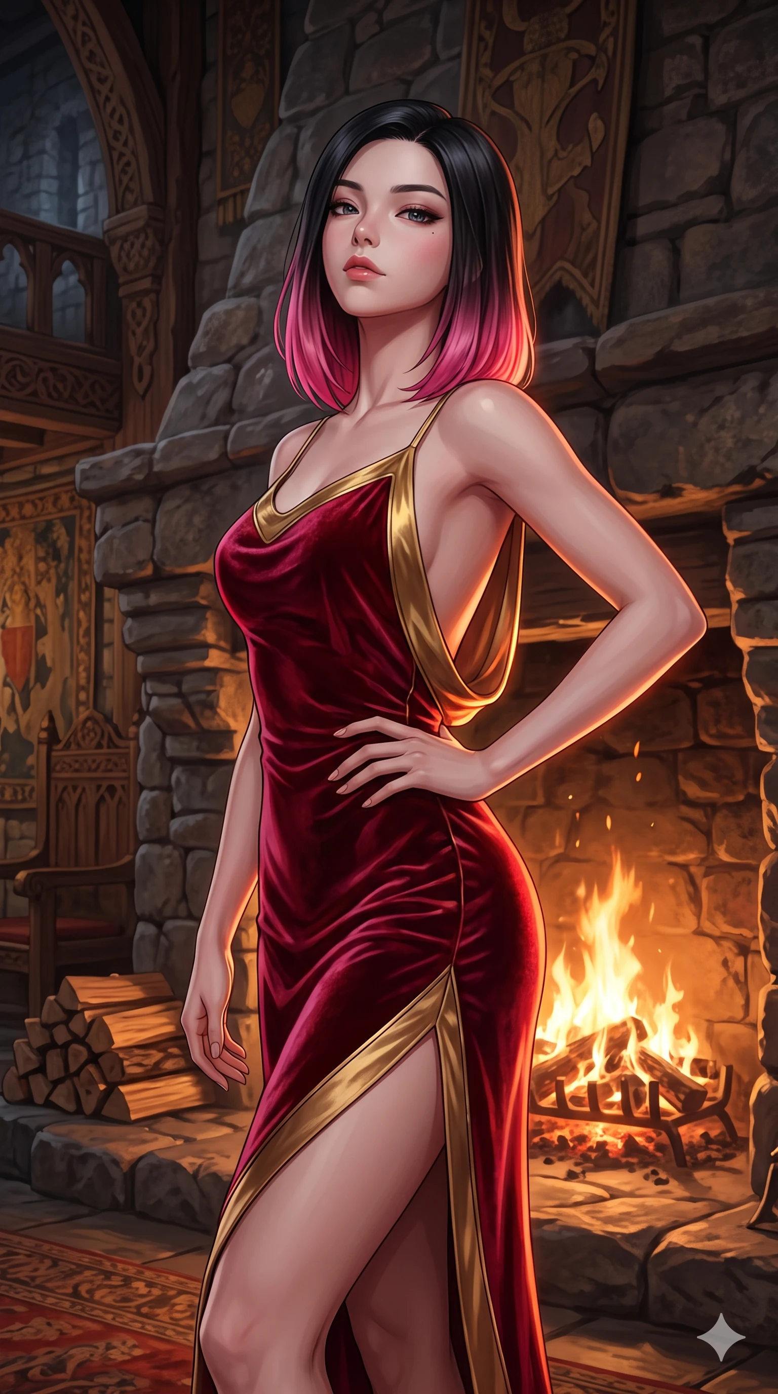score_9, masterpiece, best quality, ultra-detailed, high-budget anime keyframe, semi-realistic 3D game render, editorial fashion photography, tasteful artistic composition, Korean woman. close-up cowboy shot from the waist and thighs up, the character dominates the composition, filling the frame with her large presence. tilting her chin up with proud, sovereign allure while gazing through thick eyelashes, one hand resting on her waist in pure supermodel charisma while twisting her slender torso in an alluring contrapposto stance, flickering amber firelight wrapping around her flat midriff and hourglass curves. The surrounding environment is rendered in vivid detail and crisp panoramic clarity: sharp rough-hewn stone fireplace masonry, glowing embers and flame tongues, and carved medieval timber details in deep focus. She has an exceptionally elegant, slender, and willowy female figure with an ultra-slim waist, flat toned midriff, narrow ribcage, and sculpted feminine hips creating an alluring, slim hourglass silhouette without bulk. sharp v-shaped jawline, high-bridge nose, intricate jewel-like eyes with depth, thick eyelashes, glossy parted lips with a natural sheen, intensely captivating and seductive bedroom-eyes expression, flawlessly proportioned anatomical accuracy, strict slender model proportions, natural body alignment, perfectly sculpted long slender limbs, ultra-slim waistline, clean dynamic posture without body distortion. wearing a form-contouring gossamer silk chiffon slip dress with a hip-high slit and open cowl back clinging with dewy moisture in royal crimson velvet and burnished gold, woven from structured carbon-fiber jacquard with rich textural depth, finished with sleek magnetic buckle closures fluttering in the breeze, the dramatically scooped open back descending to the base of her spine, accentuating her razor-sharp statuesque lines and slim hourglass silhouette. illuminated by dynamic warm 2000K roaring firelight casting deep sculpted shadows and radiant amber rim lights across her body. highly saturated vibrant anime colors, detailed shading with soft gradients, rich glossy textures, high-contrast stereoscopic depth, volumetric dynamic lighting, master piece, 9:16 ratio