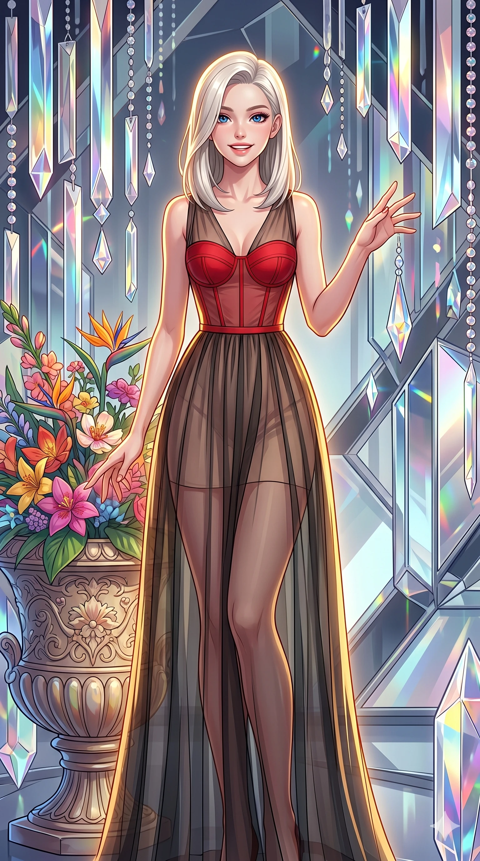 score_9, masterpiece, best quality, ultra-detailed, high-budget anime keyframe, vibrant anime aesthetic, Caucasian woman, strictly human ears. cowboy shot from the thighs up, character and outfit filling the frame for maximum presence. She is standing by a flower pot, smiling brightly while reaching out a hand playfully inside a high-fashion set with crystal prisms (Code-P20-154). She has an absolutely perfect 8-heads proportion, an exceptionally tall and slender female figure with impossibly long slender legs and an ultra-slim waist. V-shaped jawline, high-bridge nose, intricate jewel-like eyes with depth, thick eyelashes, glossy lips with a natural sheen. wearing a sheer chiffon dress with a red corset bodice. She is intense warm rim lights, outlining her 8-heads proportion and V-shaped jawline. 2k, ultra detail, master piece, 9:16 ratio