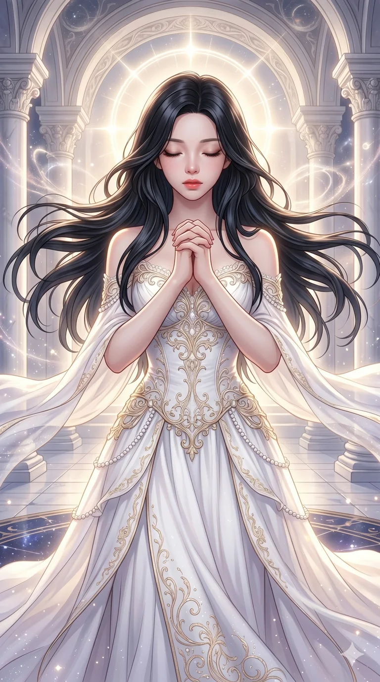 score_9, score_8_up, score_7_up, source_anime, masterpiece, best quality, ultra-detailed, same character with long flowing black hair, wearing an elaborate white goddess gown, upper body close-up from thigh up filling the screen, hands clasped in prayer with eyes closed, radiant holy aura, celestial temple background, glowing halo effect, 2k, 9:16 ratio