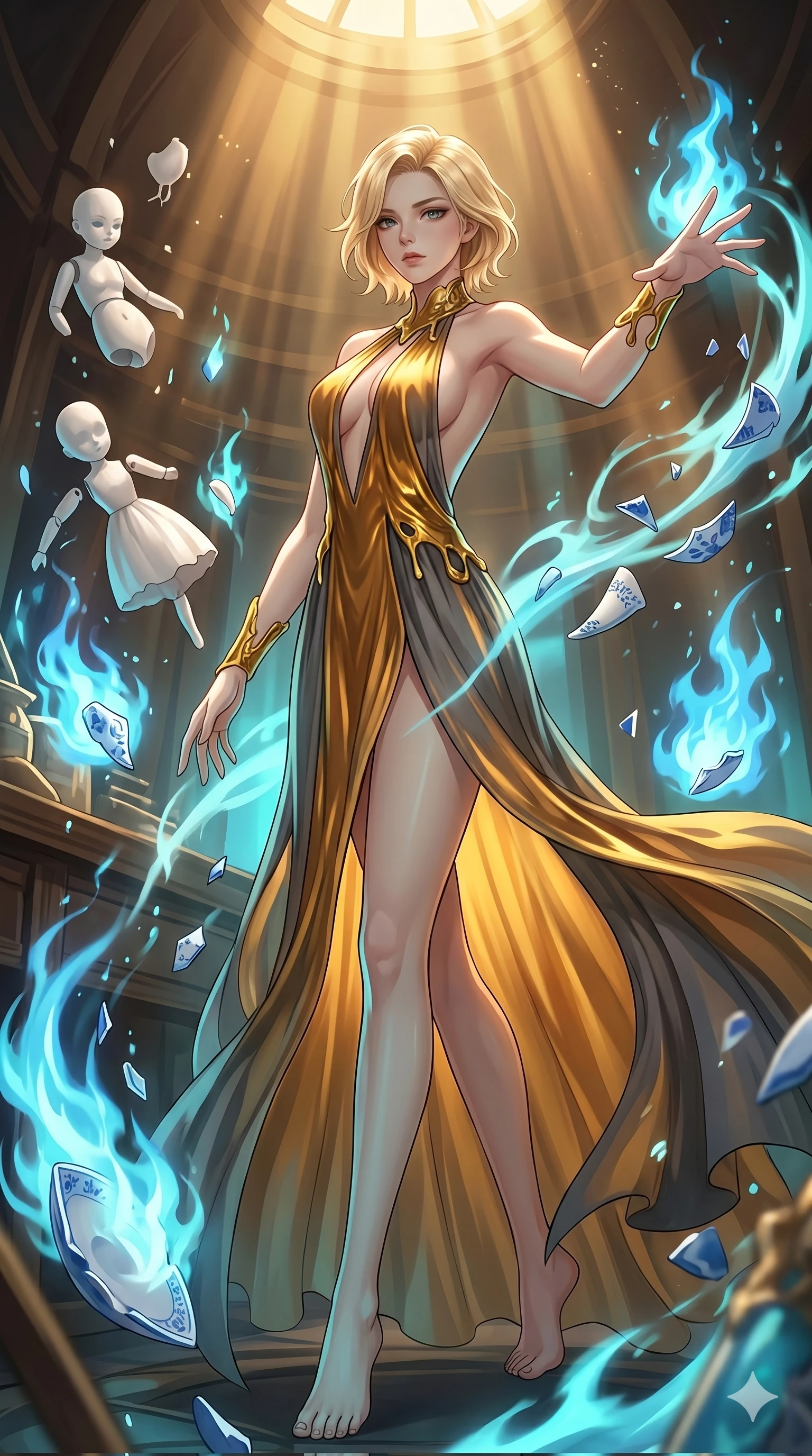 score_9, masterpiece, best quality, ultra-detailed, high-budget anime keyframe, Japanese woman. low angle full-body shot filling the entire 9:16 frame with her statuesque presence, stretching the vertical silhouette. assisting in an alchemical porcelain workshop where floating white bisque doll parts and blue porcelain shards swirl amidst blue alchemical flames. She has an absolutely perfect 8-heads proportion, an exceptionally tall and slender female figure with impossibly long slender legs and an ultra-slim waist. V-shaped jawline, high-bridge nose, intricate jewel-like eyes with depth, thick eyelashes, glossy lips with a natural sheen.. wearing a molten gold and chiffon gown, featuring organic liquid gold collar and cuffs on a translucent charcoal-gray halter neck chiffon gown with a deep backless design. showcasing a beautiful play of light and shadow, with warm golden rays clashing against cool cyan highlights. 2k, ultra detail, master piece, 9:16 ratio
