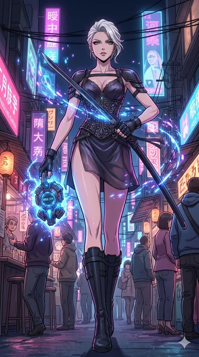 score_9, masterpiece, best quality, ultra-detailed, Set A: High-budget Anime Keyframe, Caucasian (strictly human ears) woman. Low angle cowboy shot filling the entire 9:16 frame with her statuesque presence. Drawing a blade through a futuristic night