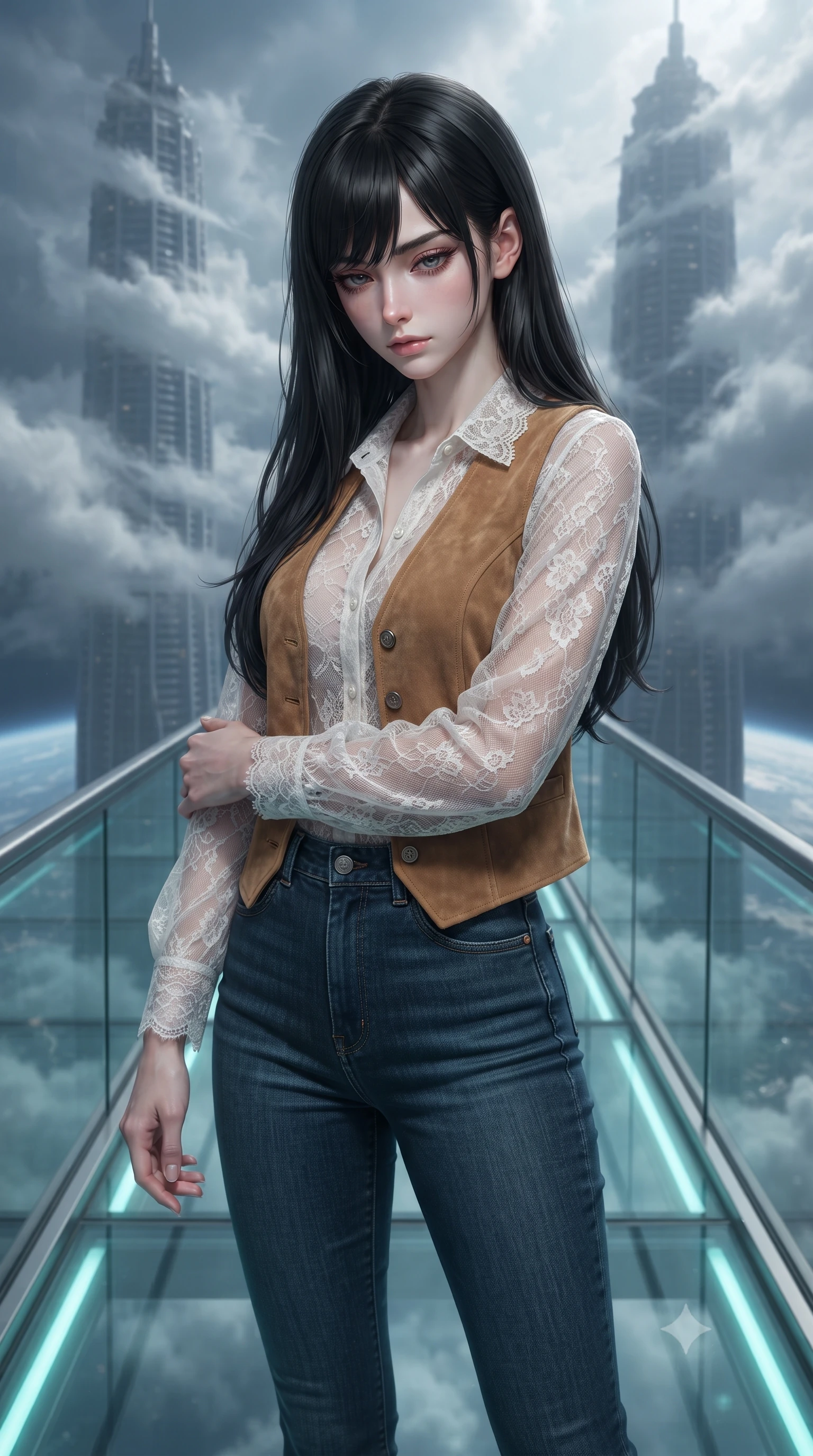 score_9, masterpiece, best quality, ultra-detailed, high-budget anime keyframe, editorial fashion photography, tasteful artistic composition, Caucasian woman, strictly human ears. close-up cowboy shot from the waist and thighs up, the character dominates the composition, filling the frame with her large presence, background elements kept in soft focus. Looking down with lowered lashes and a composed powerful expression. set against a soft-focus background of a narrow glass-walled and glass-floored bridge suspended between two cloud-piercing towers with wind-swept clouds drifting at the same altitude and nothing but sky and distant earth visible in every direction. She has an exceptionally elegant and slender, willowy female figure with an ultra-slim waist, a gracefully sculpted slender torso, and a refined slim physique. sharp v-shaped jawline, high-bridge nose, intricate jewel-like eyes with depth, thick eyelashes, glossy lips with a natural sheen. wearing a sheer white lace blouse layered under a camel suede vest, paired with high-waisted dark blue jeans. soft aqua bioluminescent light making her skin luminously glow against darkness. 2k, ultra detail, master piece, 9:16 ratio