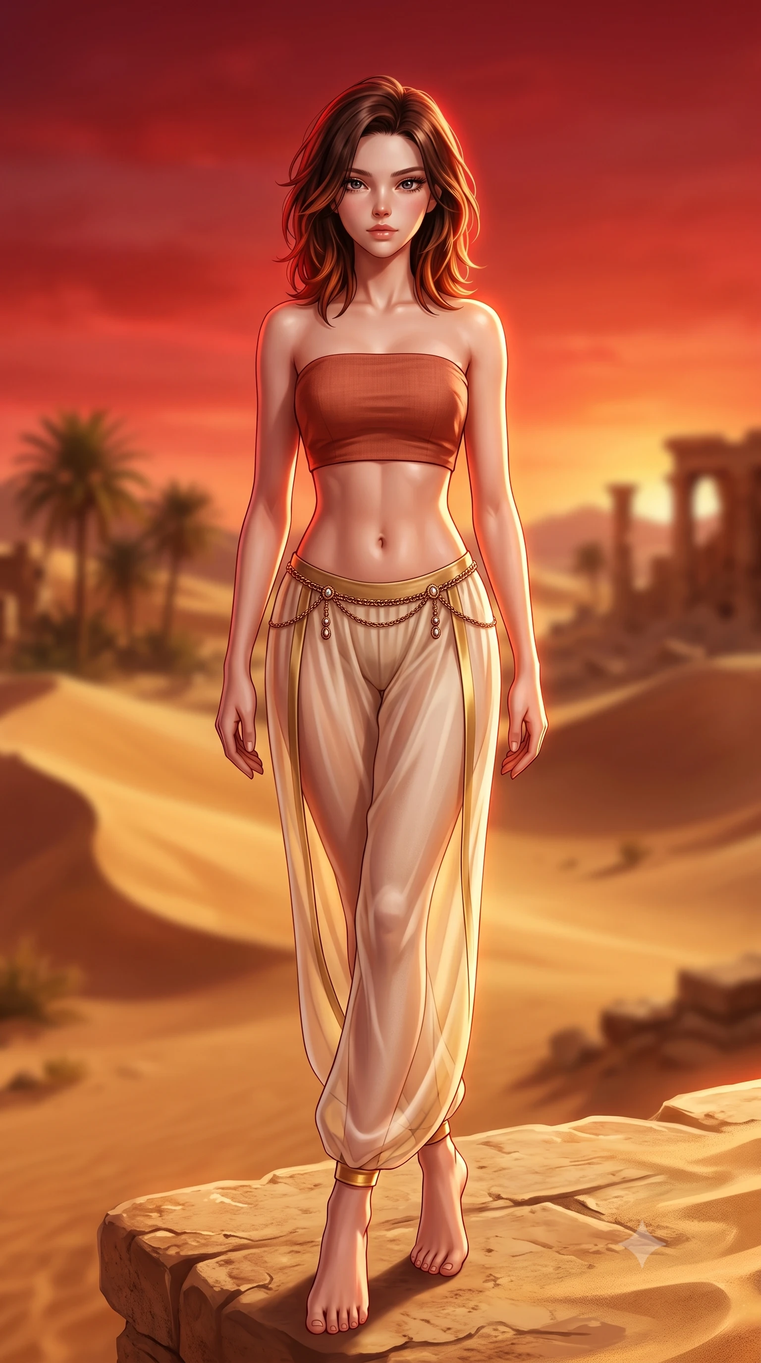 score_9, masterpiece, best quality, ultra-detailed, high-budget anime keyframe, semi-realistic 3D game render, editorial fashion photography, tasteful artistic composition, Korean woman. low angle full-body shot from head to toe showing her feet, filling the entire 9:16 vertical frame with her statuesque presence, stretching her vertical silhouette. sitting perched on the elevated ledge with hips angled toward the camera and legs crossed, displaying her toned midriff and flawlessly sculpted slender limbs while striding along the ridge of the desert sands, hips swaying in an alluring kinetic rhythm as the crimson sun sinks beneath the horizon. The composition keeps background elements in soft focus with creamy bokeh. shifting golden sand dunes and distant oasis palm silhouettes blurred into molten amber, terracotta, and honey-gold bokeh. She has an absolutely perfect, statuesque 8.5-heads proportion, an exceptionally tall and slender model-like female figure with impossibly long slender legs, a toned flat midriff, an ultra-slim waist, and beautifully sculpted feminine hips. sharp v-shaped jawline, high-bridge nose, intricate jewel-like eyes with depth, thick eyelashes, glossy parted lips with a natural sheen, intensely captivating and seductive bedroom-eyes expression, flawlessly proportioned anatomical accuracy, strict slender model proportions, natural body alignment, perfectly sculpted long slender limbs, ultra-slim waistline, clean dynamic posture without body distortion. wearing a terracotta linen bandeau crop top paired with low-slung sheer silk harem pants and a filigree chain belt in sun-bleached sand ivory and polished brass, tailored from fluid silk crepe with delicate inner corsetry boning, finished with an ultra-high side slit secured by miniature jeweled clasps, the dramatically scooped open back descending to the base of her spine, accentuating her razor-sharp statuesque lines and curvy hourglass silhouette. bathed in blazing crimson sunset backlighting and warm amber sand bounce lights. highly saturated vibrant anime colors, detailed shading with soft gradients, rich glossy textures, high-contrast stereoscopic depth, volumetric dynamic lighting, master piece, 9:16 ratio