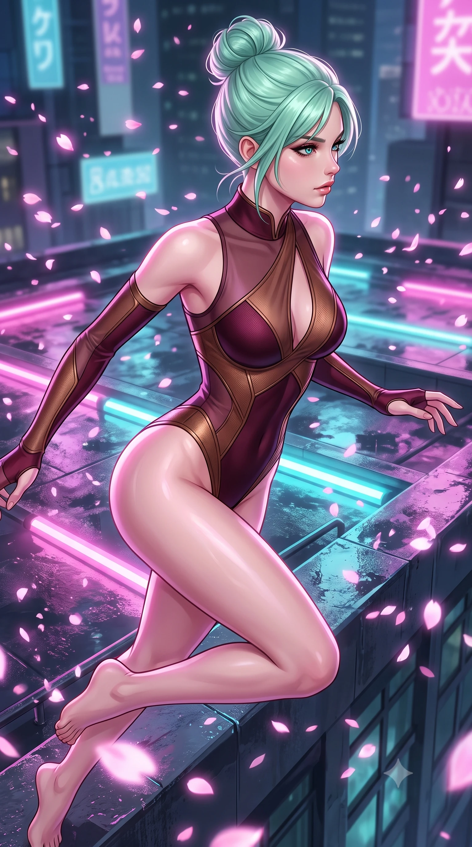 score_9, masterpiece, best quality, ultra-detailed, high-budget anime keyframe, editorial fashion photography, tasteful artistic composition, Japanese woman. close-up cowboy shot from the waist and thighs up, the character dominates the composition, filling the frame with her large presence, background elements kept in soft focus. Turning her face in sharp profile while her upper body leans forward with poised athletic grace while leaping across the ledge of a skyscraper rooftop as digital sakura petals blizzard around her, wet rooftop surfaces reflecting glowing pink, purple, and cyan neon light bars. She has an exceptionally elegant, slender, and willowy female figure with an ultra-slim waist, a gracefully sculpted slender torso, and a refined silhouette. sharp v-shaped jawline, high-bridge nose, intricate jewel-like eyes with depth, thick eyelashes, glossy lips with a natural sheen, flawlessly proportioned anatomical accuracy, natural body alignment, perfectly sculpted elegant limbs, clean dynamic posture without body distortion. wearing an asymmetrical high-cut tech-bodysuit with detached sleeves in deep burgundy and bronze, woven from fine semi-opaque sheer organza, accented with a Tasteful chest slit framing her clavicle gracefully, the glove-like fit emphasizing her statuesque silhouette during motion. illuminated by glowing holographic sakura radiance and wet specular reflections. highly saturated vibrant anime colors, detailed shading with soft gradients, rich glossy textures, high-contrast stereoscopic depth, volumetric dynamic lighting, master piece, 9:16 ratio