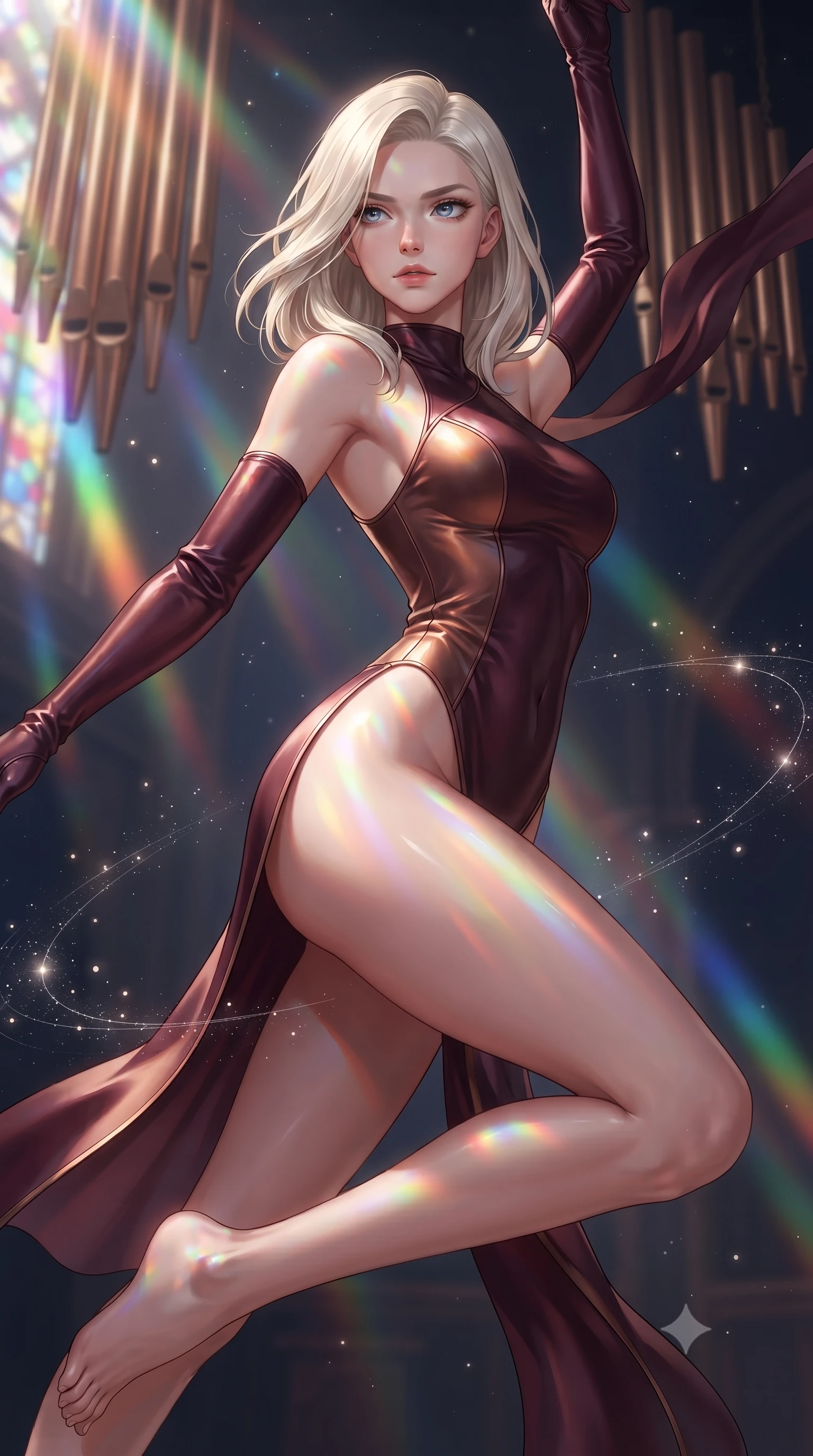 score_9, masterpiece, best quality, ultra-detailed, high-budget anime keyframe, editorial fashion photography, tasteful artistic composition, Caucasian woman. close-up cowboy shot from the waist and thighs up, the character dominates the composition, filling the frame with her large presence, background elements kept in soft focus. Gazing past the lens with composed intensity as her torso curves dynamically in mid-motion while leaping gracefully across massive bronze pipe organ tubes suspended in deep space, floating starlight dust drifting around her in dynamic orbital paths. She has an exceptionally elegant, slender, and willowy female figure with an ultra-slim waist, a gracefully sculpted slender torso, and a refined silhouette. sharp v-shaped jawline, high-bridge nose, intricate jewel-like eyes with depth, thick eyelashes, glossy lips with a natural sheen, flawlessly proportioned anatomical accuracy, natural body alignment, perfectly sculpted elegant limbs, clean dynamic posture without body distortion. wearing an asymmetrical high-cut tech-bodysuit with detached sleeves in deep burgundy and bronze, crafted from smooth liquid silk, finished with a sleek side slit ascending to mid-thigh, the glove-like fit emphasizing her statuesque silhouette during motion. illuminated by cascading rainbow prismatic light refracting through stained glass. ultra-reflective glossy finish, specular highlights, metallic sheen, high-contrast stereoscopic depth, volumetric dynamic lighting, 2k, ultra detail, master piece, 9:16 ratio