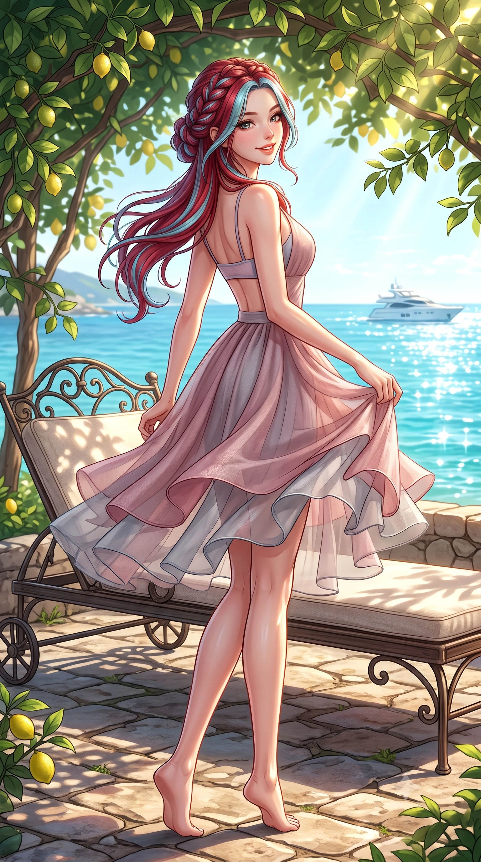 score_9, masterpiece, best quality, ultra-detailed, high-budget anime keyframe, semi-realistic 3D game render, editorial fashion photography, tasteful artistic composition, Caucasian woman. low angle full-body shot from head to toe showing her feet, filling the entire 9:16 vertical frame with her statuesque presence, stretching her vertical silhouette. executing a cheerful mid-motion pivot turn as her skirt flutters around her slender legs, glancing over her shoulder with an intoxicating, teasing cute expression while reclining on a vintage wrought-iron sunbed under the leafy lemon canopy, her long slender legs and feminine curves bathed in golden light. The surrounding environment is rendered in vivid detail and crisp panoramic clarity. detailed linen sundress weave, sun-dappled skin highlights, and distant yacht clarity in high resolution. She has an exceptionally tall and slender model-like 8.5-heads proportion, an ultra-slim waist, a flat toned midriff, narrow delicate ribcage, and beautifully sculpted feminine hips creating a graceful, slim hourglass silhouette without any bulky heaviness, with impossibly long slender legs. sharp v-shaped jawline, high-bridge nose, intricate jewel-like sparkling eyes with depth, thick eyelashes, glossy parted lips with a natural peach sheen, bright cheerful beaming smile with an enchanting and coquettish sensual glint, exuding both youthful cute charm and seductive allure, flawlessly proportioned anatomical accuracy, strict slender model proportions, natural body alignment, perfectly sculpted long slender limbs, ultra-slim waistline, clean dynamic posture without body distortion. wearing a delicate semi-sheer chiffon sun-slip dress layered over a matching pastel bralette, hugging her slender waist and hips in dusty rose and soft dove grey, woven from layered gossamer organza with weightless flutter, accented with a delicate gold chain belt resting loosely on her curvy hips, the form-contouring cut accentuating her sculpted flat midriff, narrow delicate ribcage, and gracefully curvy hips with supermodel precision. illuminated by intense specular sea surface glints defining her sculpted collarbones, narrow waist, and curvy hips. highly saturated vibrant anime colors, detailed shading with soft gradients, rich glossy textures, high-contrast stereoscopic depth, volumetric dynamic lighting, master piece, 9:16 ratio
