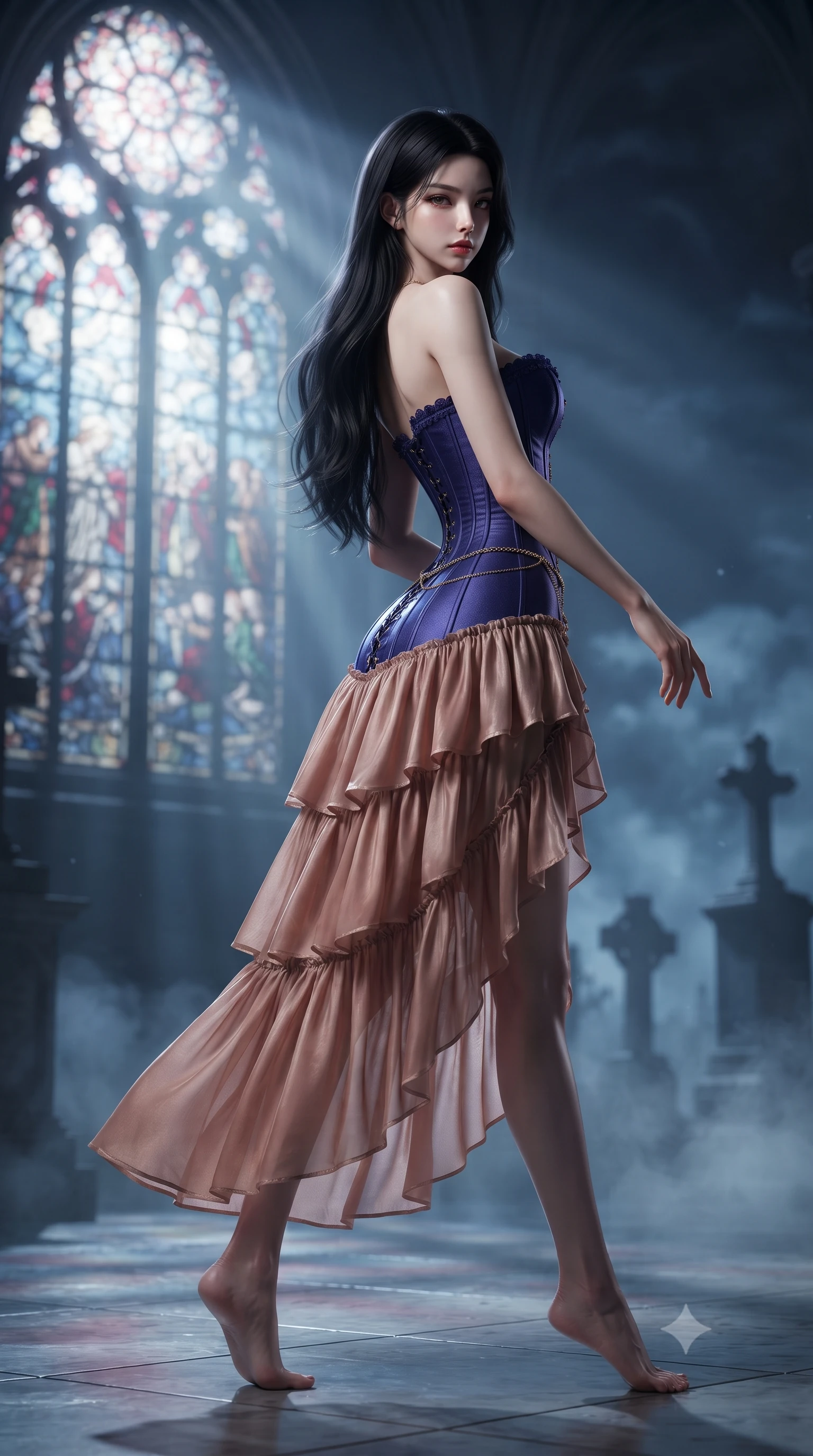 score_9, masterpiece, best quality, ultra-detailed, high-budget anime keyframe, editorial fashion photography, tasteful artistic composition, Korean woman. low angle full-body shot from head to toe showing her feet, filling the entire 9:16 vertical frame with her statuesque presence, stretching her vertical silhouette. executing an elegant mid-motion turn as garments swirl around her slender limbs, glancing over her shoulder with smoldering allure while arching her back in an alluring dance-like pause as moonlight pours through a colossal rose stained-glass window. The composition keeps background elements in soft focus with creamy bokeh. swirling night mist and distant cemetery monuments softened in cinematic shallow focus. She has an absolutely perfect, statuesque 8.5-heads proportion, an exceptionally tall and slender model-like female figure with impossibly long slender legs, a toned flat midriff, and an ultra-slim waist. sharp v-shaped jawline, high-bridge nose, intricate jewel-like eyes with depth, thick eyelashes, glossy parted lips with a natural sheen, intensely captivating and seductive expression, flawlessly proportioned anatomical accuracy, strict slender model proportions, natural body alignment, perfectly sculpted long slender limbs, ultra-slim waistline, clean dynamic posture without body distortion. wearing an off-shoulder Victorian corset bodice dress paired with a tiered gathered chiffon slit skirt in royal indigo and antique rose gold, tailored from liquid silk jersey adhering flawlessly to her slender build, complemented by a delicate gold waist chain framing her ultra-slim silhouette, the liquid-tight tailored fabric emphasizing every curve of her tall, slender model proportions and sculptured silhouette during dynamic movement. illuminated by crisp specular highlights defining her sculpted jawline, bare spine, and long limbs. ultra-reflective glossy finish, specular highlights, rich textural contrasts, high-contrast stereoscopic depth, volumetric dynamic lighting, 2k, ultra detail, master piece, 9:16 ratio