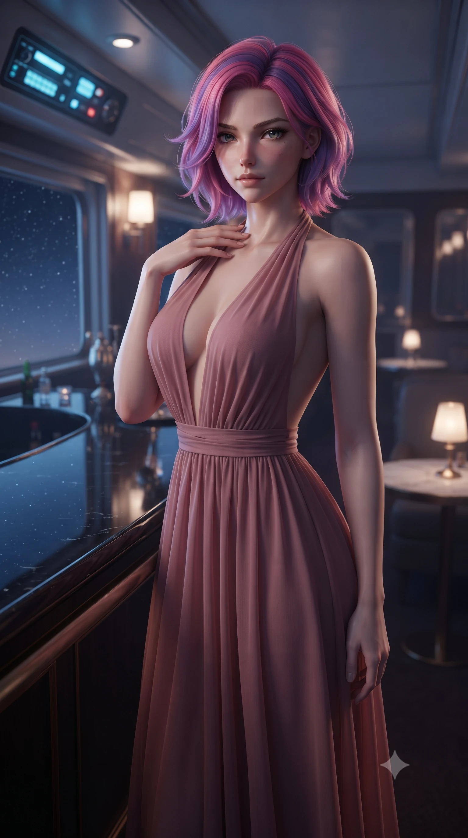 score_9, masterpiece, best quality, ultra-detailed, high-budget anime keyframe, editorial fashion photography, tasteful artistic composition, Caucasian woman. close-up cowboy shot from the waist and thighs up, the character dominates the composition, filling the frame with her large presence, background elements kept in soft focus. standing with one hand resting on her collarbone, looking at the viewer with bedroom-eyes the background shows a soft-focus a scenic train bar with a polished obsidian counter reflecting the starry night sky. She has an exceptionally elegant, slender, and willowy female figure with an ultra-slim waist, a gracefully sculpted slender torso, and a refined silhouette. sharp v-shaped jawline, high-bridge nose, intricate jewel-like eyes with depth, thick eyelashes, glossy lips with a natural sheen. wearing a body-hugging deep plunging-V neck maxi dress in dusty rose chiffon with a bold halter neck and low-cut back. soft ambient blue light from the dashboard contrasting with warm candlelight. ultra-reflective glossy finish, specular highlights, metallic sheen, high-contrast stereoscopic depth, volumetric dynamic lighting, 2k, ultra detail, master piece, 9:16 ratio