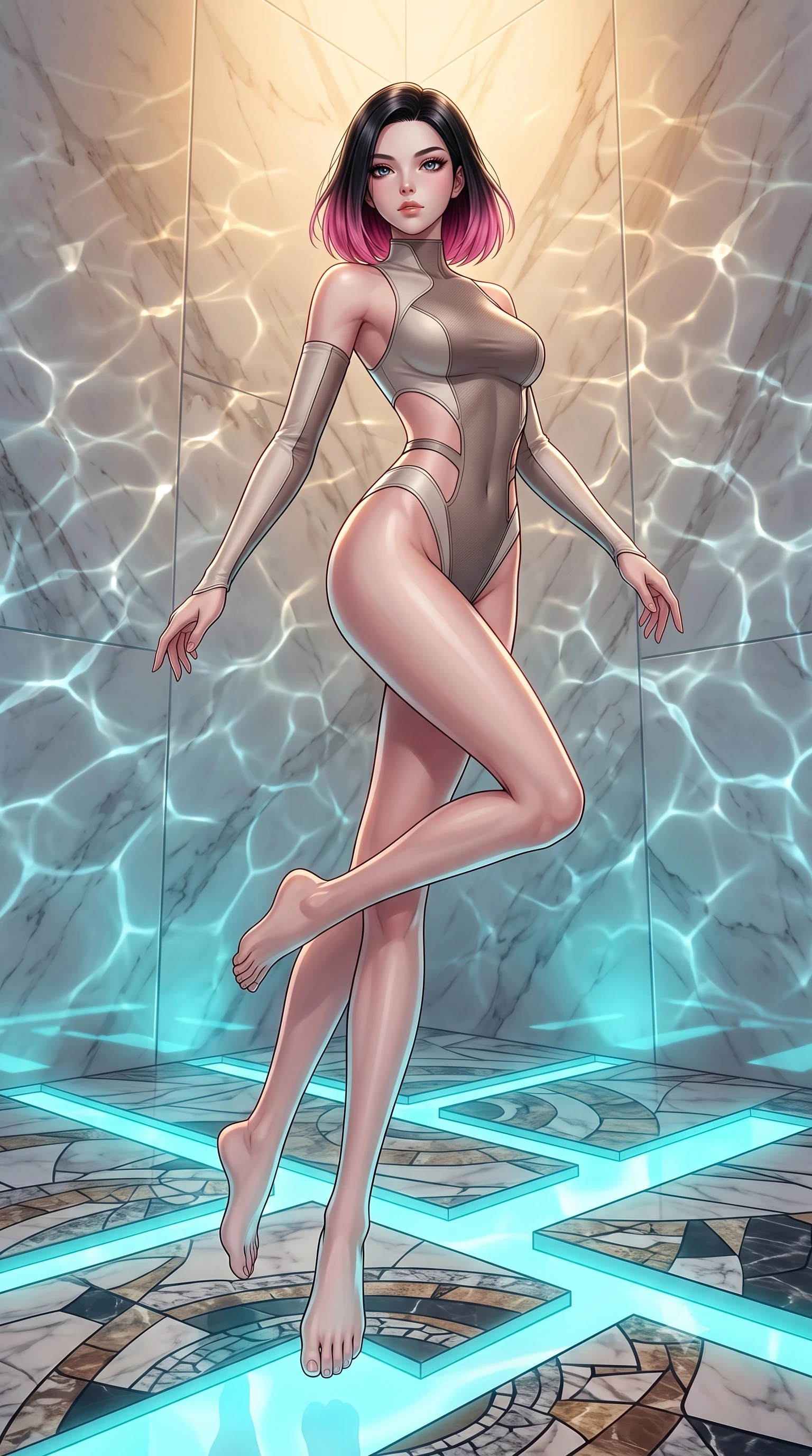 score_9, masterpiece, best quality, ultra-detailed, high-budget anime keyframe, editorial fashion photography, tasteful artistic composition, Korean woman. low angle full-body shot from head to toe showing her feet, filling the entire 9:16 vertical frame with her statuesque presence, stretching her vertical silhouette. leaping gracefully through the environment with statuesque elegance and long slender legs gliding over a mosaic marble floor illuminated by caustic water ripples, shimmering water reflections dancing dynamically across the marble walls. She has an absolutely perfect, statuesque 8.5-heads proportion, an exceptionally tall and slender model-like female figure with impossibly long slender legs and an ultra-slim waist. sharp v-shaped jawline, high-bridge nose, intricate jewel-like eyes with depth, thick eyelashes, glossy lips with a natural sheen. wearing an asymmetrical high-cut tech-bodysuit with detached sleeves in muted taupe and soft ivory, made of fine carbon-fiber weave and soft matte leather, featuring clean architectural cutouts along her slender torso, the tailored fabric tightly following every curve of her athletic build. illuminated by luminous aqua bioluminescence and warm golden top lighting. highly saturated vibrant anime colors, detailed shading with soft gradients, rich glossy textures, high-contrast stereoscopic depth, volumetric dynamic lighting, master piece, 9:16 ratio
