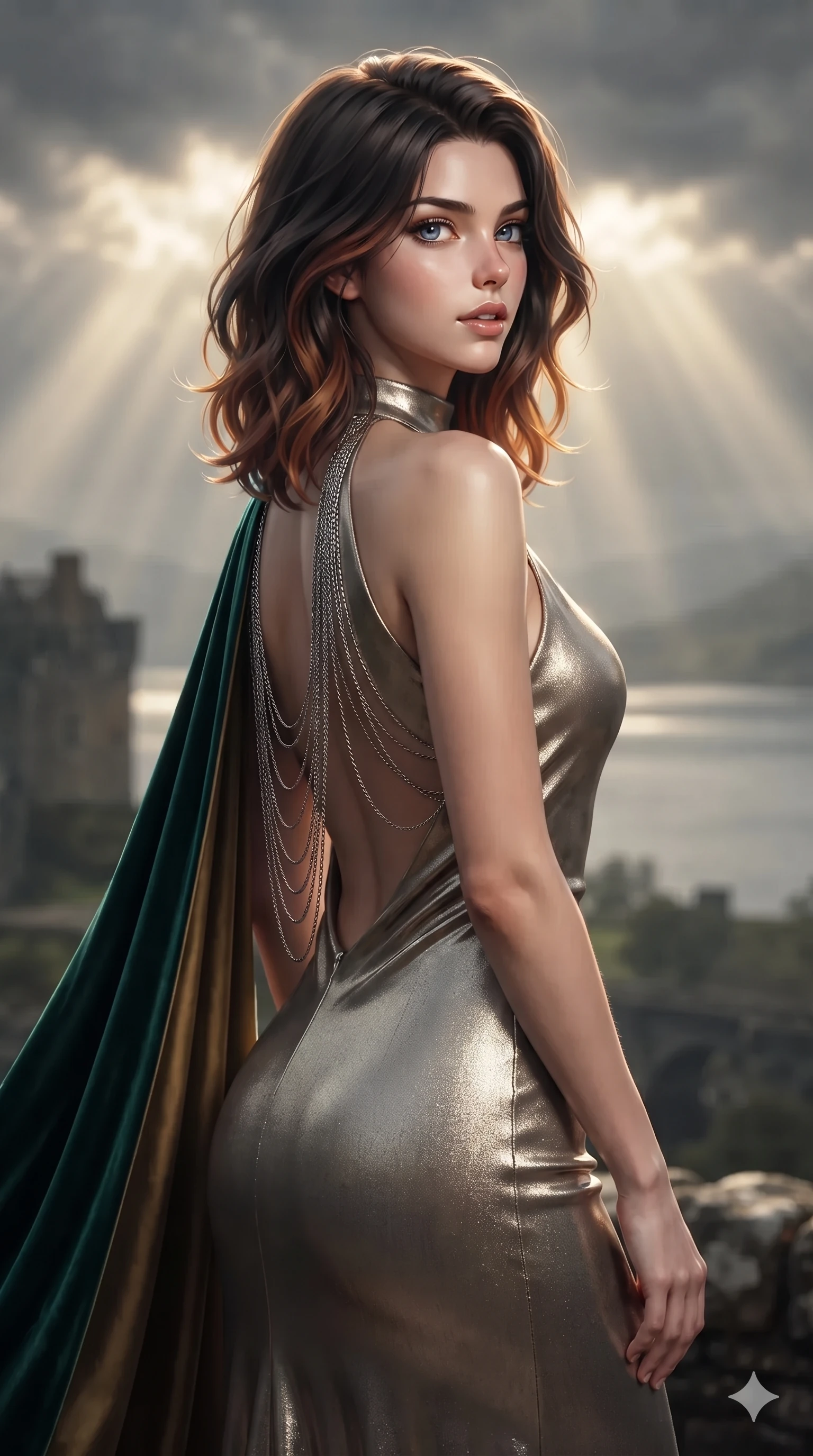 score_9, masterpiece, best quality, ultra-detailed, high-budget anime keyframe, editorial fashion photography, tasteful artistic composition, Korean woman. close-up cowboy shot from the waist and thighs up, the character dominates the composition, filling the frame with her large presence. posing in an alluring rear three-quarter angle, looking over a bare shoulder with parted glossy lips, her hips cocked back to highlight her slim hourglass curve while turning in an alluring contrapposto stance as her sweeping heavy fabric catches the highland breeze, gazing out over the vast loch with sovereign allure. The composition keeps background elements in soft focus with creamy bokeh: bracing mountain loch mist softened in Scottish Highland castle rampart shallow focus. She has an exceptionally elegant, slender, and willowy female figure with an ultra-slim waist, flat toned midriff, narrow ribcage, and sculpted feminine hips creating an alluring, slim hourglass silhouette without bulk. sharp v-shaped jawline, high-bridge nose, intricate jewel-like eyes with depth, thick eyelashes, glossy parted lips with a natural sheen, intensely captivating and seductive bedroom-eyes expression, flawlessly proportioned anatomical accuracy, strict slender model proportions, natural body alignment, perfectly sculpted long slender limbs, ultra-slim waistline, clean dynamic posture without body distortion. wearing an elegant backless metallic lamé evening gown with a high jewel neckline and flowing silk capelet in emerald velvet and antique brass, crafted from fluid liquid silk satin that clings smoothly to her narrow waist and rounded hips with a dewy sheen, accented with an open-back drape framed by falling strands of delicate chrome chains, the glove-like clinging cut tightly following the natural contour of her hips and long slender legs with youthful 8.5-heads elegance. dramatic golden sunbeam shafts piercing storm clouds and casting high-contrast specular rim lights across her silhouette. ultra-reflective glossy finish, specular highlights, rich textural contrasts, high-contrast stereoscopic depth, volumetric dynamic lighting, 2k, ultra detail, master piece, 9:16 ratio