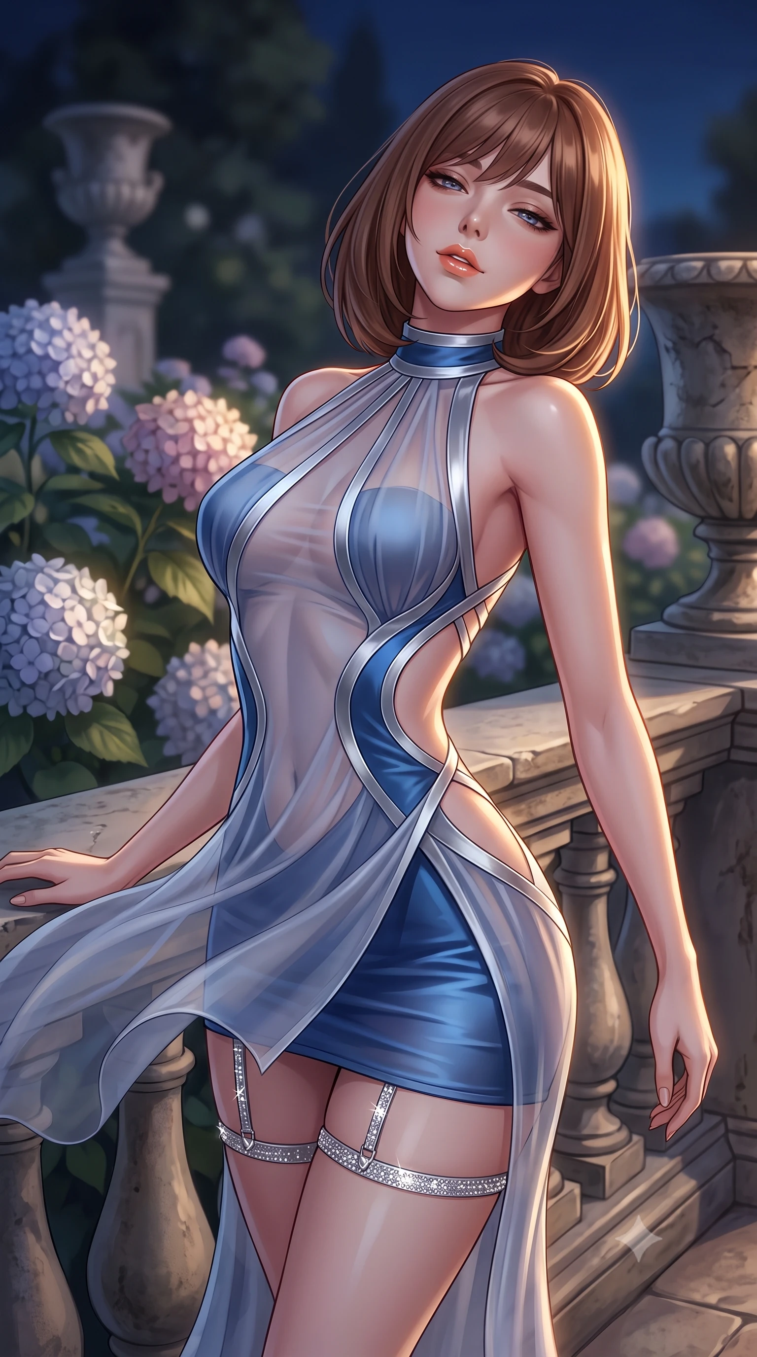 score_9, masterpiece, best quality, ultra-detailed, high-budget anime keyframe, semi-realistic 3D game render, editorial fashion photography, tasteful artistic composition, Caucasian woman. close-up cowboy shot from the waist and thighs up, the character dominates the composition, filling the frame with her large presence. leaning back against the balustrade with relaxed seductive grace, head tilted back slightly while casting a hypnotic, heavy-lidded gaze while twisting her slender torso in an alluring S-curve, midnight coastal breezes fluttering her dress around her flat midriff and feminine hips. The background shows a soft-focus blooming hydrangeas and stone urns softened in historic Italian garden shallow focus. She has an exceptionally elegant, slender, and willowy female figure with an ultra-slim waist, flat toned midriff, narrow ribcage, and sculpted feminine hips creating an alluring, slim hourglass silhouette without bulk. sharp v-shaped jawline, high-bridge nose, sparkling eyes with hypnotic seductive depth, thick curled eyelashes, glossy parted lips with a natural dewy peach sheen, alluring bedroom-eyes with an enchanting coquettish smile, exuding magnetic siren charisma and sophisticated glamour, flawlessly proportioned anatomical accuracy, strict slender model proportions, natural body alignment, perfectly sculpted long slender limbs, ultra-slim waistline, clean dynamic posture without body distortion. wearing a provocative high-neck sheer illusion cocktail dress with liquid satin ribbons contouring her curves in Monte Carlo sapphire and liquid platinum, made of sheer gossamer chiffon that drapes softly against skin with airy translucence, finished with delicate crystal-encrusted thigh garter straps glinting in the dim light, the precision-cut side openings and low-back scoop framing her graceful spine and the sensual sweep of her slim, toned hips. illuminated by stone terrace reflection bounce and sharp warm-gold rim lights sculpting her razor-sharp jawline, narrow waist, and curvy hips. highly saturated vibrant anime colors, detailed shading with soft gradients, rich glossy textures, high-contrast stereoscopic depth, volumetric dynamic lighting, master piece, 9:16 ratio