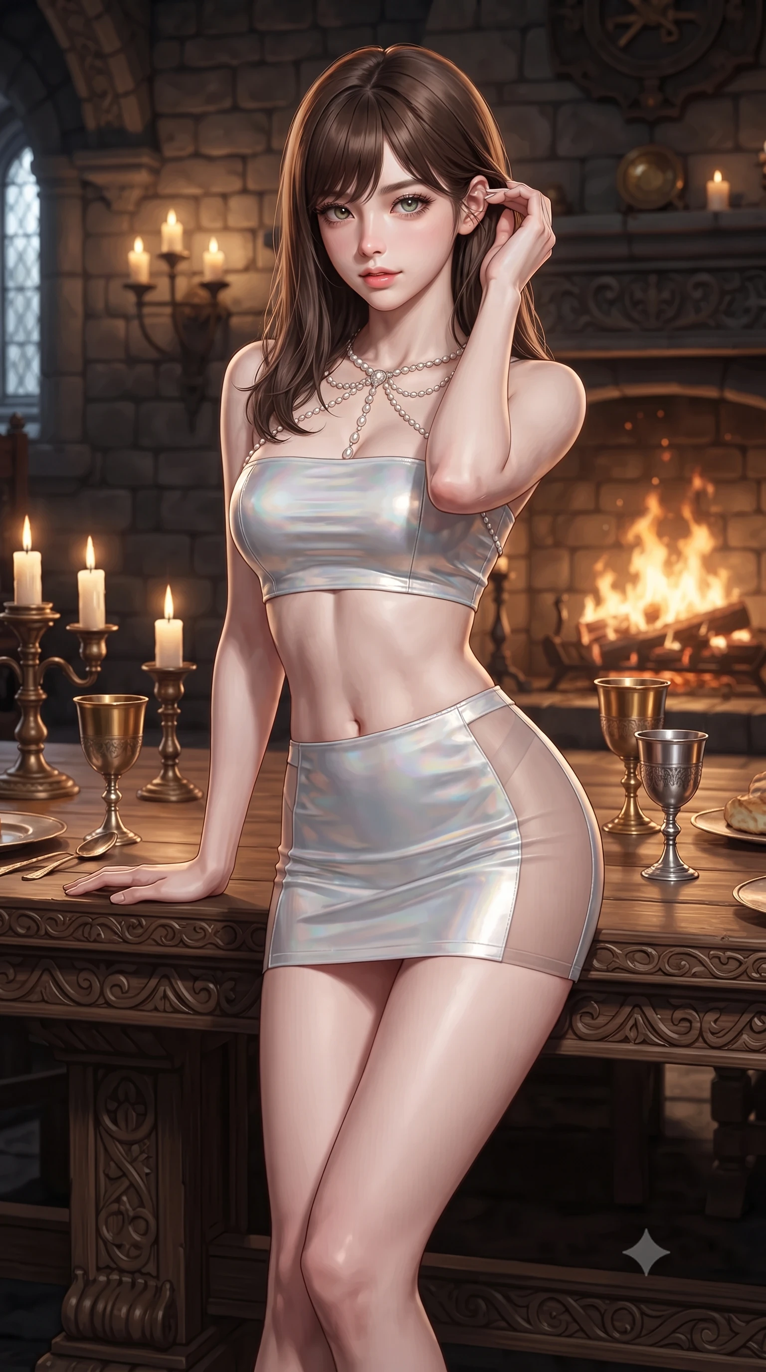 score_9, masterpiece, best quality, ultra-detailed, high-budget anime keyframe, editorial fashion photography, tasteful artistic composition, Korean woman. close-up cowboy shot from the waist and thighs up, the character dominates the composition, filling the frame with her large presence. gently brushing a lock of hair behind her ear while casting a playful, flirtatious side-gaze with long eyelashes while leaning against the monumental carved oak banquet table with hips cocked back, looking through arched stone embrasures with heavy-lidded smoldering bedroom-eyes. The surrounding environment is rendered in vivid detail and crisp panoramic clarity: sharp hand-chiseled Lochalsh stone masonry, crackling pine log embers in the hearth, and polished brass and silver chalice reflections in deep focus. She has an exceptionally elegant, slender, and willowy female figure with an ultra-slim waist, flat toned midriff, narrow ribcage, and sculpted feminine hips creating an alluring, slim hourglass silhouette without bulk. sharp v-shaped jawline, high-bridge nose, intricate jewel-like sparkling eyes with depth, thick eyelashes, glossy parted lips with a natural peach sheen, bright cheerful beaming smile with an enchanting and coquettish sensual glint, exuding both youthful cute charm and seductive allure, flawlessly proportioned anatomical accuracy, strict slender model proportions, natural body alignment, perfectly sculpted long slender limbs, ultra-slim waistline, clean dynamic posture without body distortion. wearing an ultra-cropped fitted bandeau top paired with a micro mini tennis skirt revealing her flat toned midriff in iridescent mother-of-pearl and liquid molten silver, featuring strategic sheer-illusion tulle side panels framing her ribcage and hips, accented with a pearl-drop body harness subtly framing her dewy collarbones and spine, the glove-like clinging cut tightly following the natural contour of her hips and long slender legs with youthful 8.5-heads elegance. bathed in the warm radiant 2200K glow of the roaring stone fireplace mixed with soft tallow candle flame sconces. ultra-reflective glossy finish, specular highlights, rich textural contrasts, high-contrast stereoscopic depth, volumetric dynamic lighting, 2k, ultra detail, master piece, 9:16 ratio