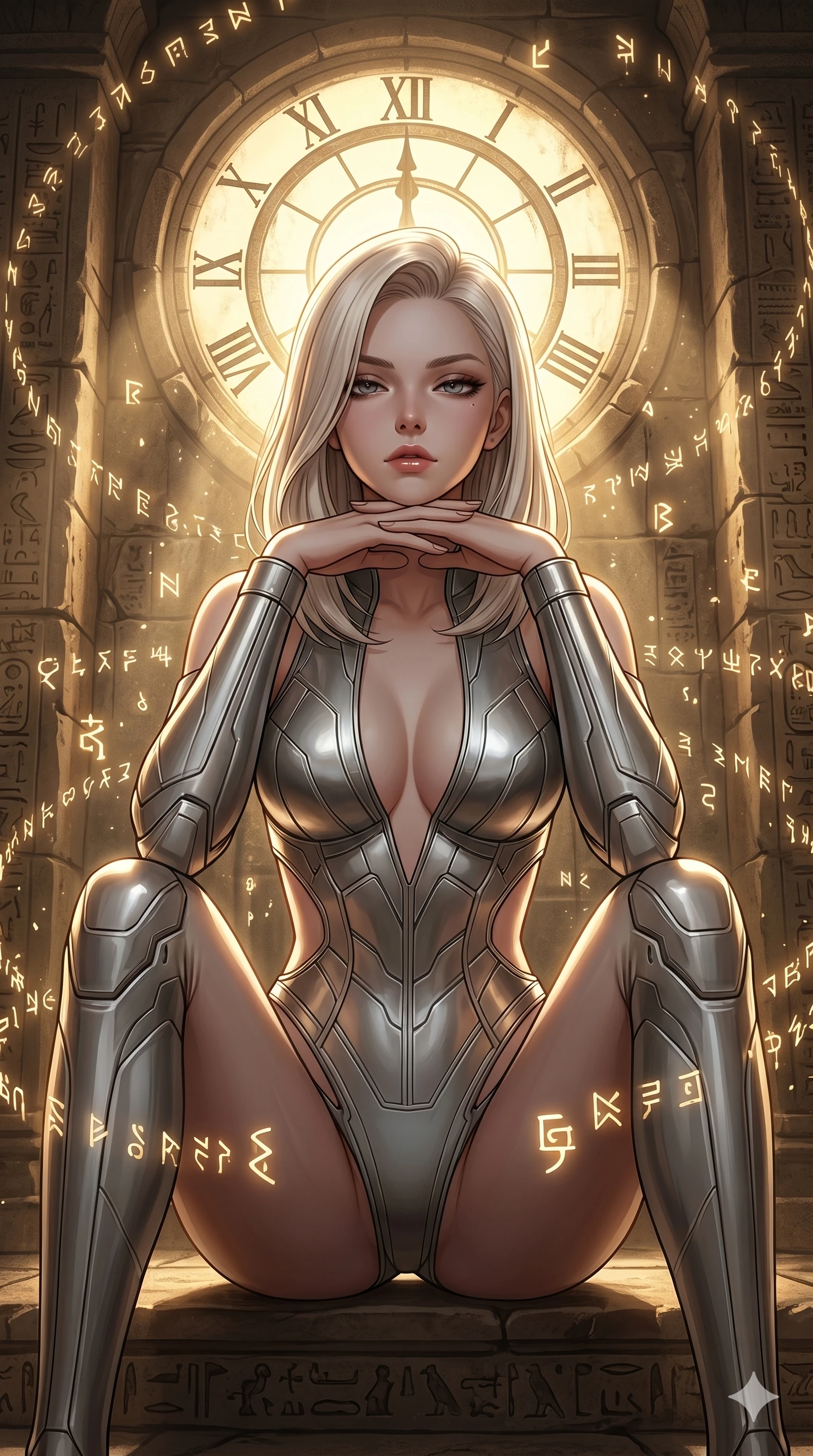score_9, masterpiece, best quality, ultra-detailed, high-budget anime keyframe, editorial fashion photography, tasteful artistic composition, Caucasian woman, strictly human ears. cowboy shot from the thighs up, character and outfit filling the frame for maximum editorial presence. resting her chin on the backs of her fingers, casting a heavy-lidded gaze inside an ancient stone temple filled with floating runes (Code-P17-094). She has an absolutely perfect 8-heads proportion, an exceptionally tall and slender female figure with impossibly long slender legs and an ultra-slim waist. V-shaped jawline, high-bridge nose, intricate jewel-like eyes with depth, thick eyelashes, glossy lips with a natural sheen. wearing a metallic bodysuit with side cutouts and a plunging neckline. dramatic chiaroscuro with a single golden key light filtering through the clock face. 2k, ultra detail, master piece, 9:16 ratio