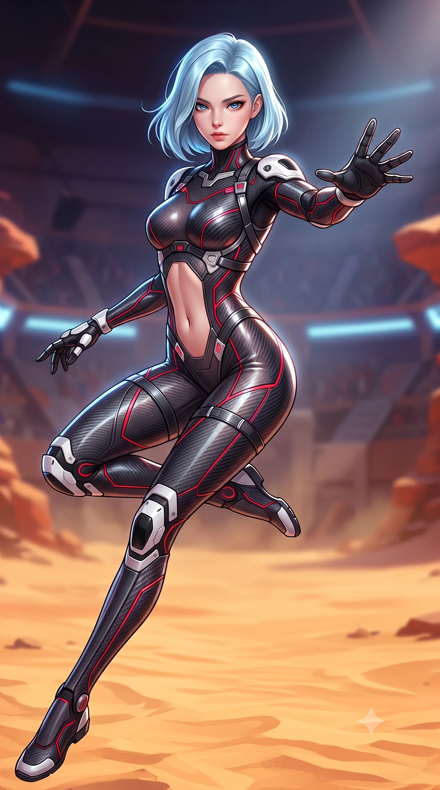 score_9, masterpiece, best quality, ultra-detailed, high-budget anime keyframe, semi-realistic 3D game render, editorial fashion photography, tasteful artistic composition, Korean woman. close-up cowboy shot from the waist and thighs up, the character dominates the composition, filling the frame with her large presence. in a razor-sharp Panzer Kunst fighting guard, one hand extended with palm open in fluid kinetic tension, captivating jewel-like eyes locked onto the viewer with dangerous focus while arching her back gracefully in mid-air with an athletic leap, her impossibly long slender legs stretched in flawless martial form. The surrounding environment is rendered in vivid detail and crisp panoramic clarity. vibrant high-contrast desert arena lighting and heroic warrior aesthetics rendered in panoramic precision. She has an exceptionally elegant, slender, and willowy female figure with an ultra-slim waist, a gracefully sculpted slender torso, toned flat midriff, and a refined slim silhouette. sharp v-shaped jawline, high-bridge nose, intricate jewel-like eyes with depth, thick eyelashes, glossy lips with a natural sheen, flawlessly proportioned anatomical accuracy, strict slender model proportions, natural body alignment, perfectly sculpted long slender limbs, ultra-slim waistline, clean dynamic posture without body distortion. wearing a second-skin dark gunmetal carbon-weave battle-suit with crimson laser conduits and high-frequency knuckle strike plates in monochrome white enamel carbon with high-contrast black panels, crafted from semi-translucent cybernetic carbon-vinyl interwoven with glowing micro-filaments, reinforced by a sleek titanium kinetic harness and glowing micro-energy straps, the precision-cut daring openings accentuating her delicate midriff, graceful bare collarbones, and ultra-slim feminine waistline. illuminated by crisp white key lighting with sharp specular highlights tracing her ultra-slim waist and long legs. rich saturated anime colors with glowing neon highlights, detailed shading with soft gradients, rich glossy textures, high-contrast stereoscopic depth, volumetric dynamic lighting, master piece, 9:16 ratio