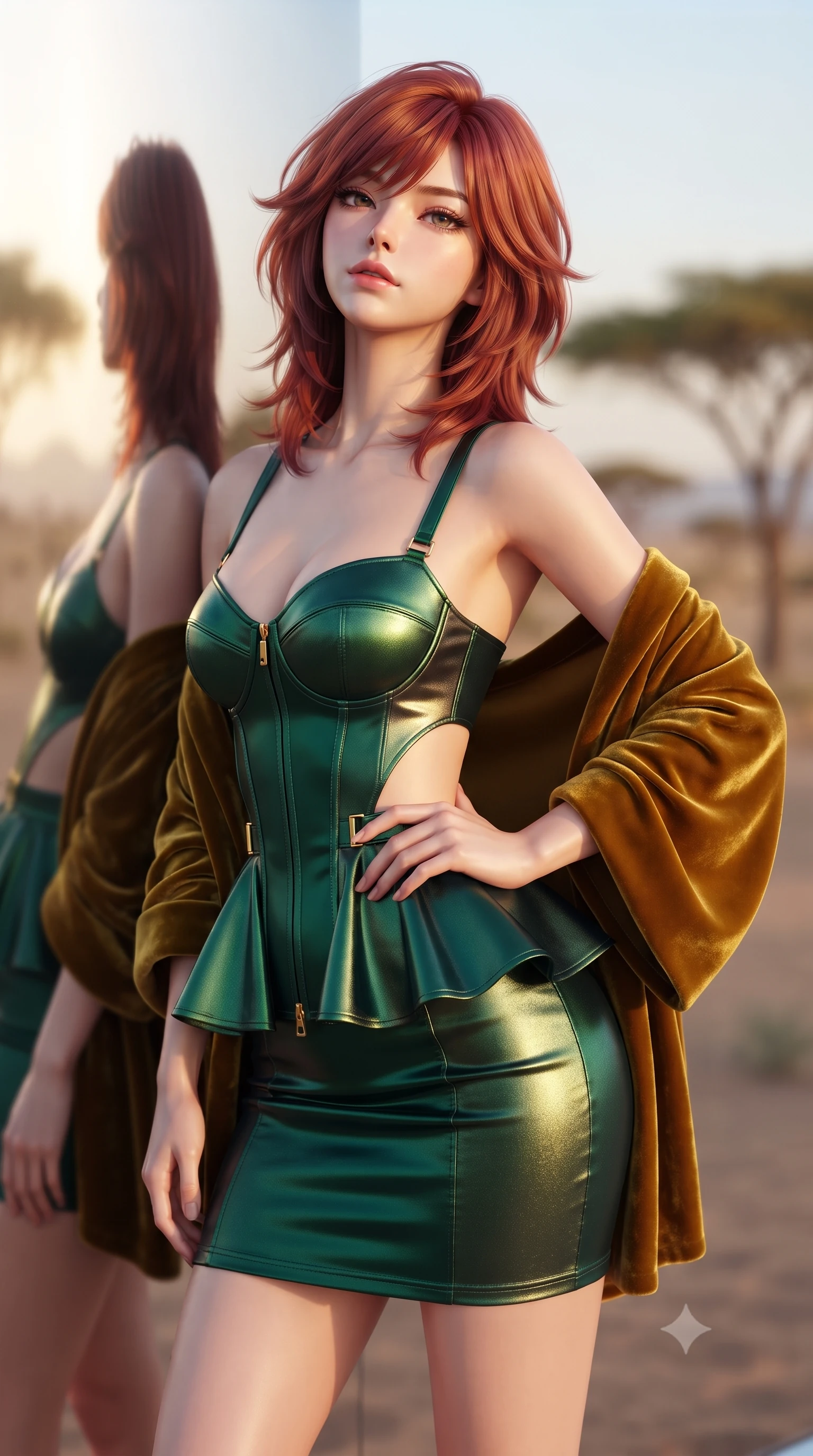 score_9, masterpiece, best quality, ultra-detailed, high-budget anime keyframe, semi-realistic 3D game render, editorial fashion photography, tasteful artistic composition, Korean woman. close-up cowboy shot from the waist and thighs up, the character dominates the composition, filling the frame with her large presence. tilting her chin up with proud, sovereign allure while gazing through thick eyelashes, one hand resting on her waist in pure supermodel charisma while leaning back against the mirror-smooth wall with hips cocked, casting an enigmatic, sultry bedroom-gaze into the infinite desert reflections. The composition keeps background elements in soft focus with creamy bokeh. infinite mirror reflections and distant desert acacia trees softened in avant-garde shallow focus. She has an exceptionally elegant, slender, and willowy female figure with an ultra-slim waist, flat toned midriff, narrow ribcage, and sculpted feminine hips creating an alluring, slim hourglass silhouette without bulk. sharp v-shaped jawline, high-bridge nose, intricate jewel-like eyes with depth, thick eyelashes, glossy parted lips with a natural sheen, intensely captivating and seductive bedroom-eyes expression, flawlessly proportioned anatomical accuracy, strict slender model proportions, natural body alignment, perfectly sculpted long slender limbs, ultra-slim waistline, clean dynamic posture without body distortion. wearing a modern peplum corset dress with side-waist diamond cutouts and an ultra-tight silhouette in deep emerald green satin and gold hardware, crafted from luxurious metallic lamé that shifts radiance with every step, complemented by a plush velvet shawl draped loosely over her elbows, the form-contouring material adhering flawlessly to her sculpted flat midriff and slender torso, emphasizing her long leg lines and perfectly proportioned willowy build. illuminated by mirror-bounce sunset rays sharply defining her sculpted collarbones, ultra-slim waist, and curvy hips. highly saturated vibrant anime colors, detailed shading with soft gradients, rich glossy textures, high-contrast stereoscopic depth, volumetric dynamic lighting, master piece, 9:16 ratio