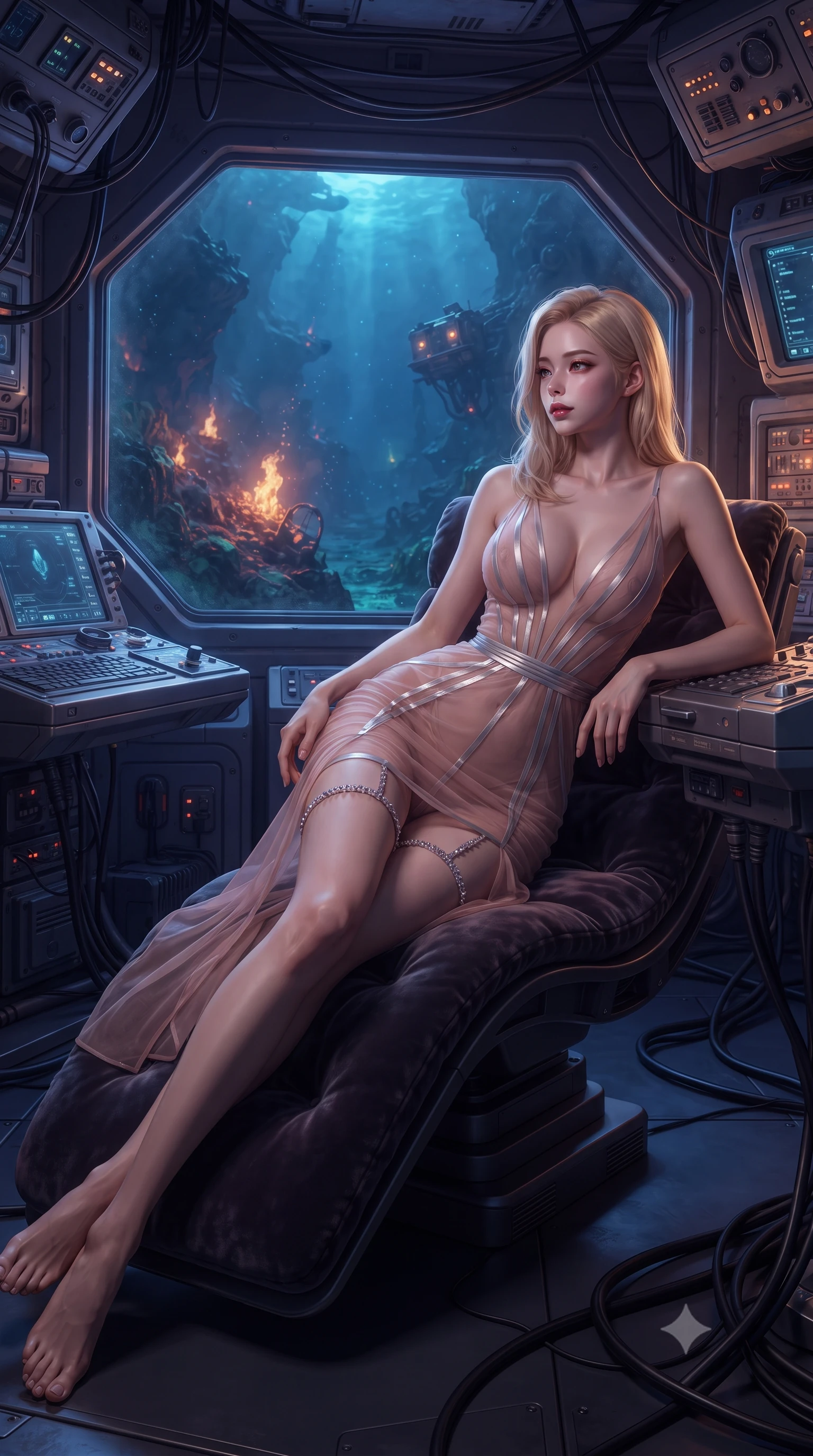 score_9, masterpiece, best quality, ultra-detailed, high-budget anime keyframe, editorial fashion photography, tasteful artistic composition, Korean woman. low angle full-body shot from head to toe showing her feet, filling the entire 9:16 vertical frame with her statuesque presence, stretching her vertical silhouette. reclining gracefully across the plush chaise lounge with one leg extended, her sculpted silhouette and flat midriff radiating magnetic nocturnal glamour while leaning against the titanium sonar console with hips cocked back, looking into the alien abyssal trench illuminated by hydrothermal mineral fires with smoldering bedroom-eyes. The surrounding environment is rendered in vivid detail and crisp panoramic clarity: detailed bespoke tactical tailoring, liquid fabric textures, and extreme-depth space-ocean engineering in razor-sharp precision. She has an exceptionally tall and slender model-like 8.5-heads proportion, an ultra-slim waist, a flat toned midriff, narrow delicate ribcage, and beautifully sculpted feminine hips creating a graceful, slim hourglass silhouette without any bulky heaviness, with impossibly long slender legs. sharp v-shaped jawline, high-bridge nose, intricate jewel-like sparkling eyes with depth, thick eyelashes, glossy parted lips with a natural peach sheen, bright cheerful beaming smile with an enchanting and coquettish sensual glint, exuding both youthful cute charm and seductive allure, flawlessly proportioned anatomical accuracy, strict slender model proportions, natural body alignment, perfectly sculpted long slender limbs, ultra-slim waistline, clean dynamic posture without body distortion. wearing a plunge-front sheer illusion tulle combat slip dress with liquid platinum ribbon stripes hugging her curves in Solaris liquid rose-quartz and alien peach, woven from fine semi-opaque stretch illusion mesh tracing her slender contours, finished with delicate crystal-encrusted thigh garter straps glinting in the dim light, the liquid-tight tailored fabric clinging flawlessly to her narrow waist and rounded feminine hips, emphasizing every millimeter of her sculpted slim hourglass curves without any bulky heaviness. bathed in deep ocean blue-violet ambient light mixed with warm 2200K golden geothermal vent radiance. ultra-reflective glossy finish, specular highlights, rich textural contrasts, high-contrast stereoscopic depth, volumetric dynamic lighting, 2k, ultra detail, master piece, 9:16 ratio