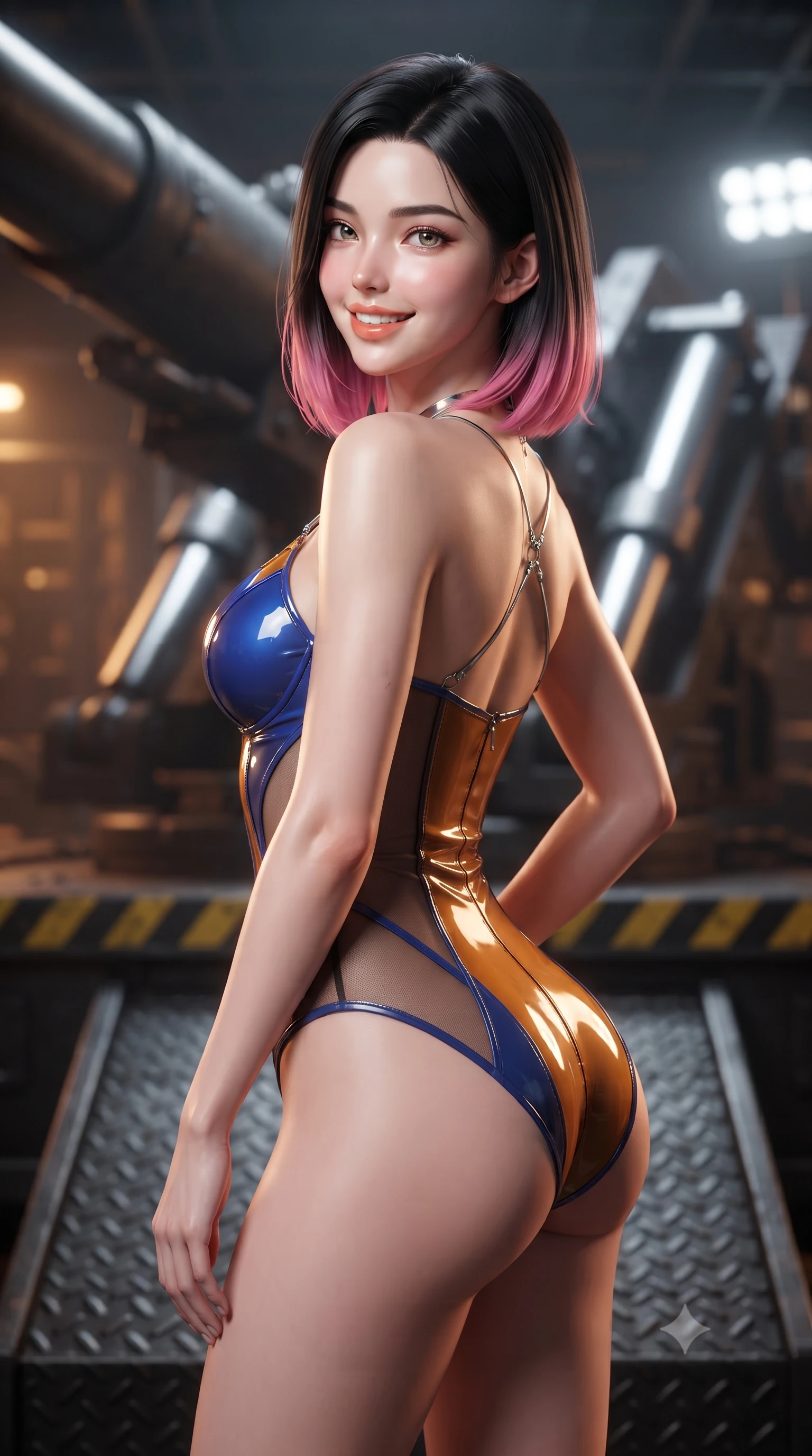 score_9, masterpiece, best quality, ultra-detailed, high-budget anime keyframe, editorial fashion photography, tasteful artistic composition, Korean woman. close-up cowboy shot from the waist and thighs up, the character dominates the composition, filling the frame with her large presence. posing in an alluring rear three-quarter angle, looking over a bare shoulder with parted glossy lips, her hips cocked back to highlight her slim hourglass curve while standing poised on the industrial diamond-tread blast ramp between colossal hydraulic recoil pistons, arching her lower back with commanding warrior presence. The background shows a soft-focus massive gunmetal cannon breech, shimmering hydraulic recoil cylinders, and yellow hazard striping blurred into amber, charcoal, and platinum bokeh. She has an exceptionally elegant, slender, and willowy female figure with an ultra-slim waist, flat toned midriff, narrow ribcage, and sculpted feminine hips creating an alluring, slim hourglass silhouette without bulk. sharp v-shaped jawline, high-bridge nose, intricate jewel-like sparkling eyes with depth, thick eyelashes, glossy parted lips with a natural peach sheen, bright cheerful beaming smile with an enchanting and coquettish sensual glint, exuding both youthful cute charm and seductive allure, flawlessly proportioned anatomical accuracy, strict slender model proportions, natural body alignment, perfectly sculpted long slender limbs, ultra-slim waistline, clean dynamic posture without body distortion. wearing an alluring plunging sweetheart tactical bodice with sheer mesh side-waist cutouts contouring her ribs in Jovian storm amber and electric cobalt, tailored from high-gloss patent leather with mirror-like specular highlights, accented with a chrome-drop body harness subtly framing her dewy collarbones and spine, the glove-like clinging cut tightly following the natural contour of her hips and long slender legs with youthful 8.5-heads elegance. bathed in high-contrast industrial amber hazard lighting combined with cool white work floodlights. ultra-reflective glossy finish, specular highlights, rich textural contrasts, high-contrast stereoscopic depth, volumetric dynamic lighting, 2k, ultra detail, master piece, 9:16 ratio