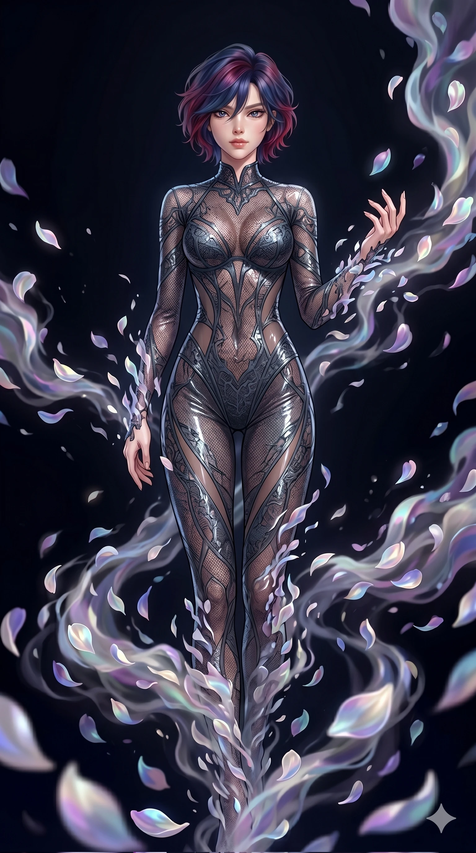 score_9, masterpiece, best quality, ultra-detailed, High-budget Anime Keyframe, East Asian woman. Low angle cowboy shot filling the entire 9:16 frame with her statuesque presence. Scenario 221: Dissolving into a cloud of iridescent silk petals in a void. Her presence is magnetic and overpowering in this high-budget anime scene. Outfit 221: A micro-mesh lace dangerous with a sheer panels and wet-look texture. The clothing is designed to emphasize her exceptionally tall and slender 8-heads proportion. 8-heads proportion, towering silhouette, ultra-slim waist. sharp v-shaped jawline, intricate jewel-like eyes with depth, thick eyelashes, glossy lips. 2k, ultra detail, master piece, 9:16 ratio