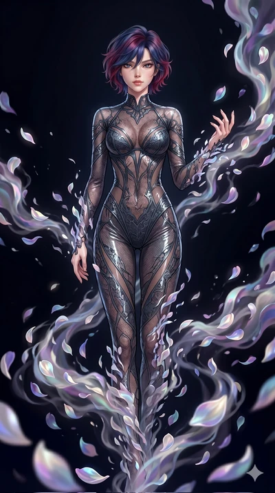 score_9, masterpiece, best quality, ultra-detailed, High-budget Anime Keyframe, East Asian woman. Low angle cowboy shot filling the entire 9:16 frame with her statuesque presence. Scenario 221: Dissolving into a cloud of iridescent silk petals in a v