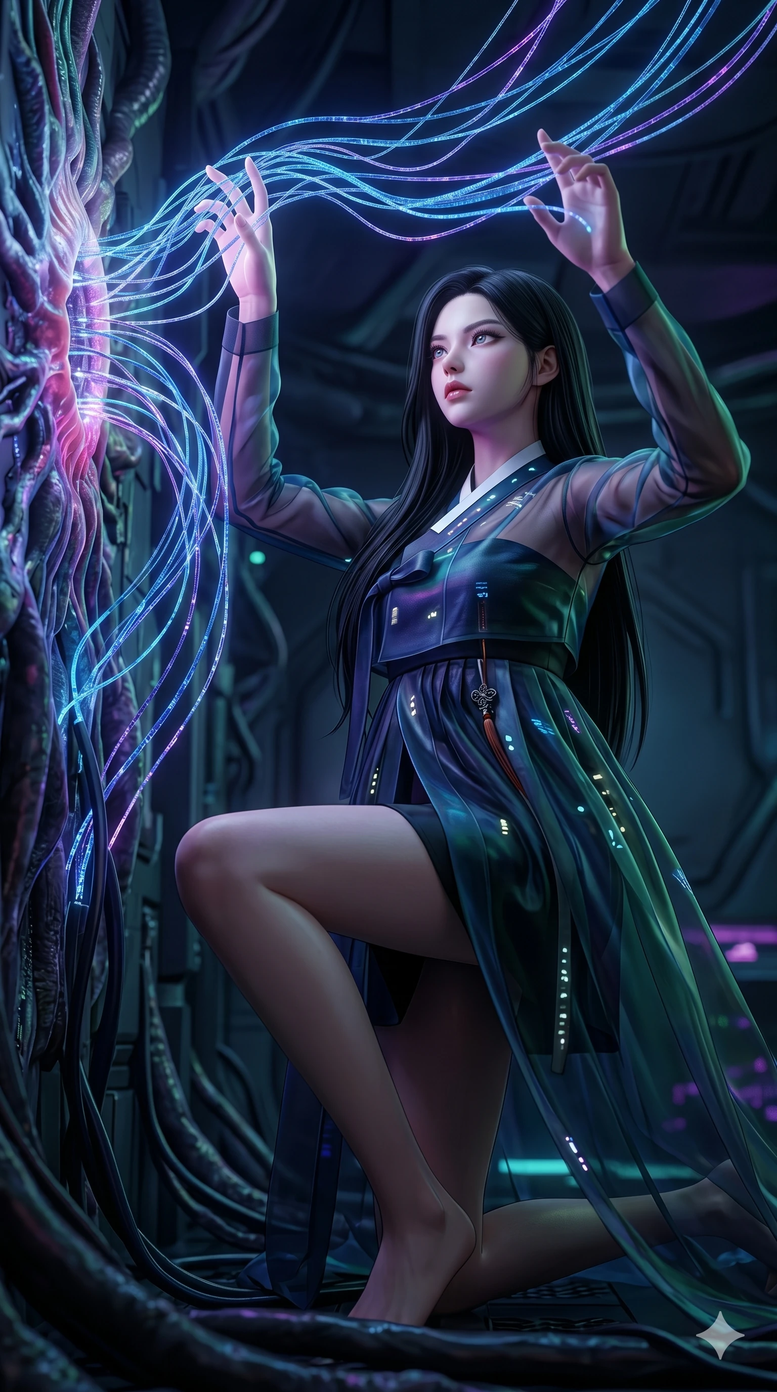 score_9, masterpiece, best quality, ultra-detailed, photorealistic 8k CG, hyper-detailed textures, ray-tracing, Korean woman. Low angle cowboy shot capturing a powerful motion and statuesque presence. hacking into a bio-organic mainframe with glowing data-cables. She has an absolutely perfect 8-heads proportion, an exceptionally tall and slender female figure with an ultra-slim waist and impossibly long slender legs. strictly human anatomy, two legs only, no extra limbs, clearly defined legs and arms, perfect anatomy, perfect hands and fingers. sharp v-shaped jawline, high-bridge nose, intricate jewel-like eyes, thick eyelashes, glossy lips. Wearing Modern Traditional: Shortened cyber-hanbok with fusion silk robes and transparent panels. The scene is illuminated by dramatic atmospheric lighting and vibrant color palettes. , 2k, ultra detail, master piece, 9:16 ratio